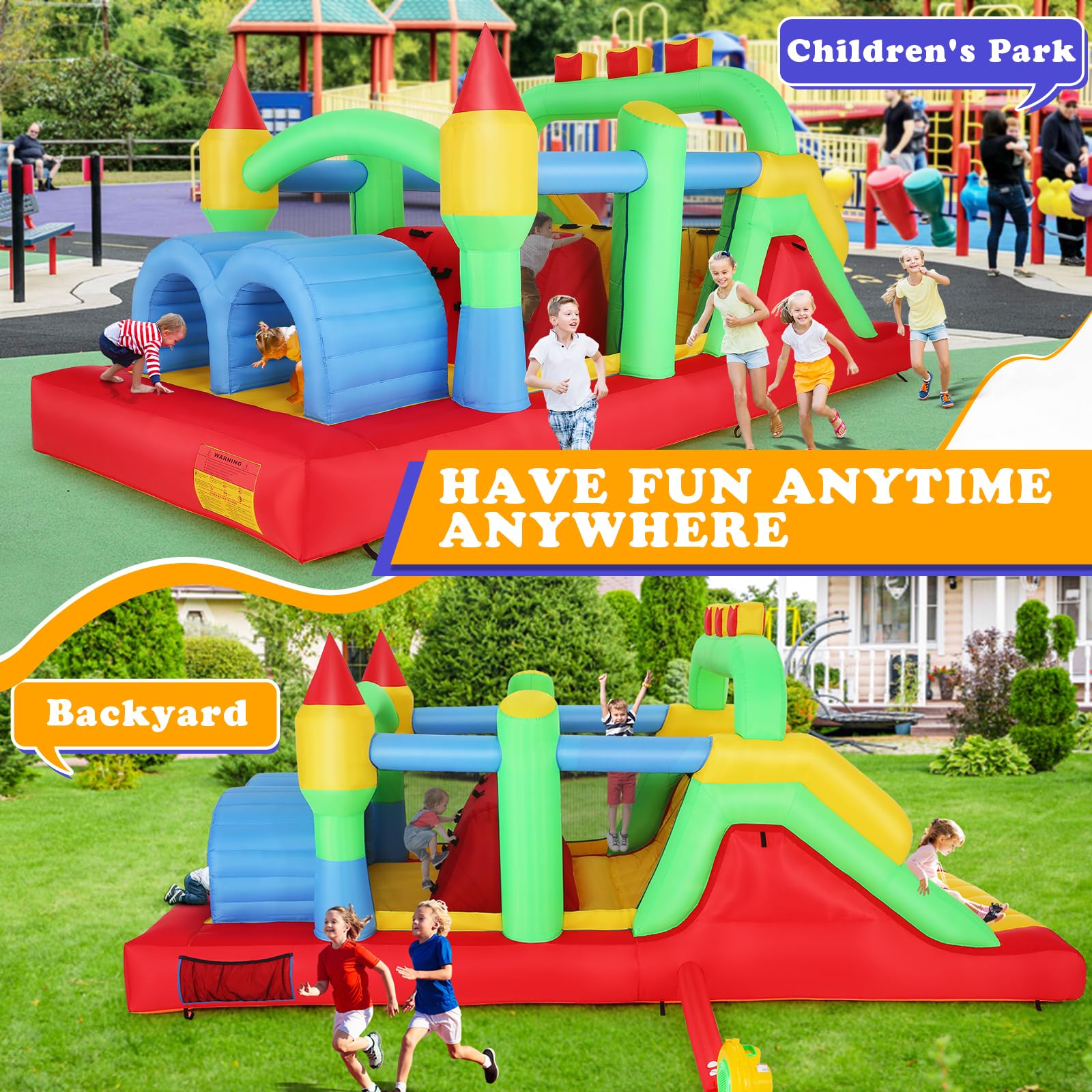 Whubefy Inflatable Obstacle Course Bounce House for Big Kids 8-12, 18.5 x 8FT Large Bounce Castle with Dual Racing Slides, Crawl Tunnels, Climbing