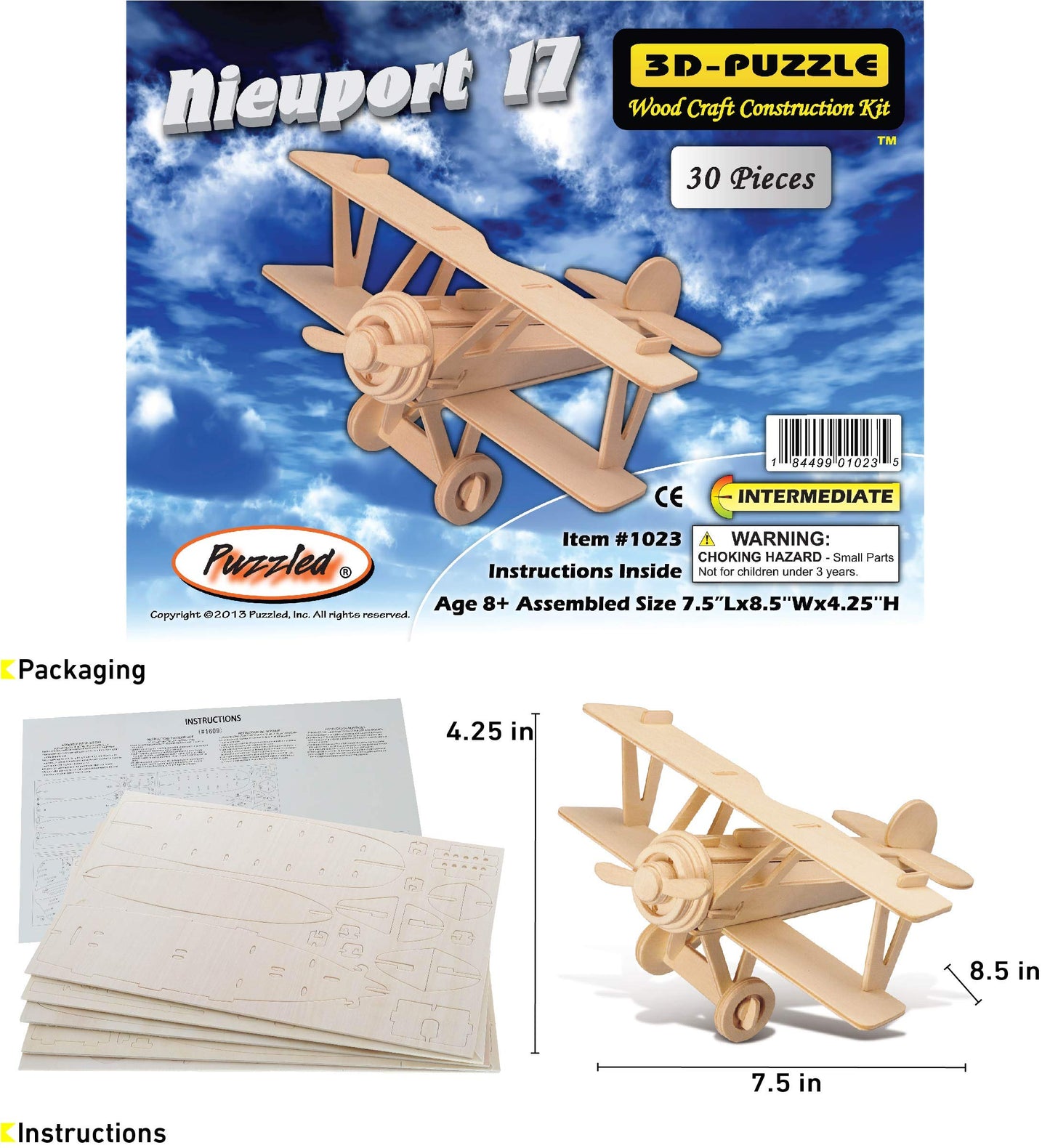Puzzle 3D Nieuport 17 Airplane Model Puzzle - Wooden Airplane Toy Model Construction Kit, Educational Wooden Airplane Model Kit for Kids and Adults