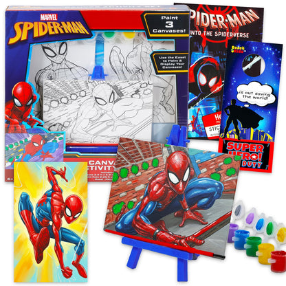 Marvel Spiderman Painting Set for Boys - Spiderman Art Supplies Bundle with 3 Canvases, Paint, Easel, Stickers, More | Boys Arts and Crafts Gifts