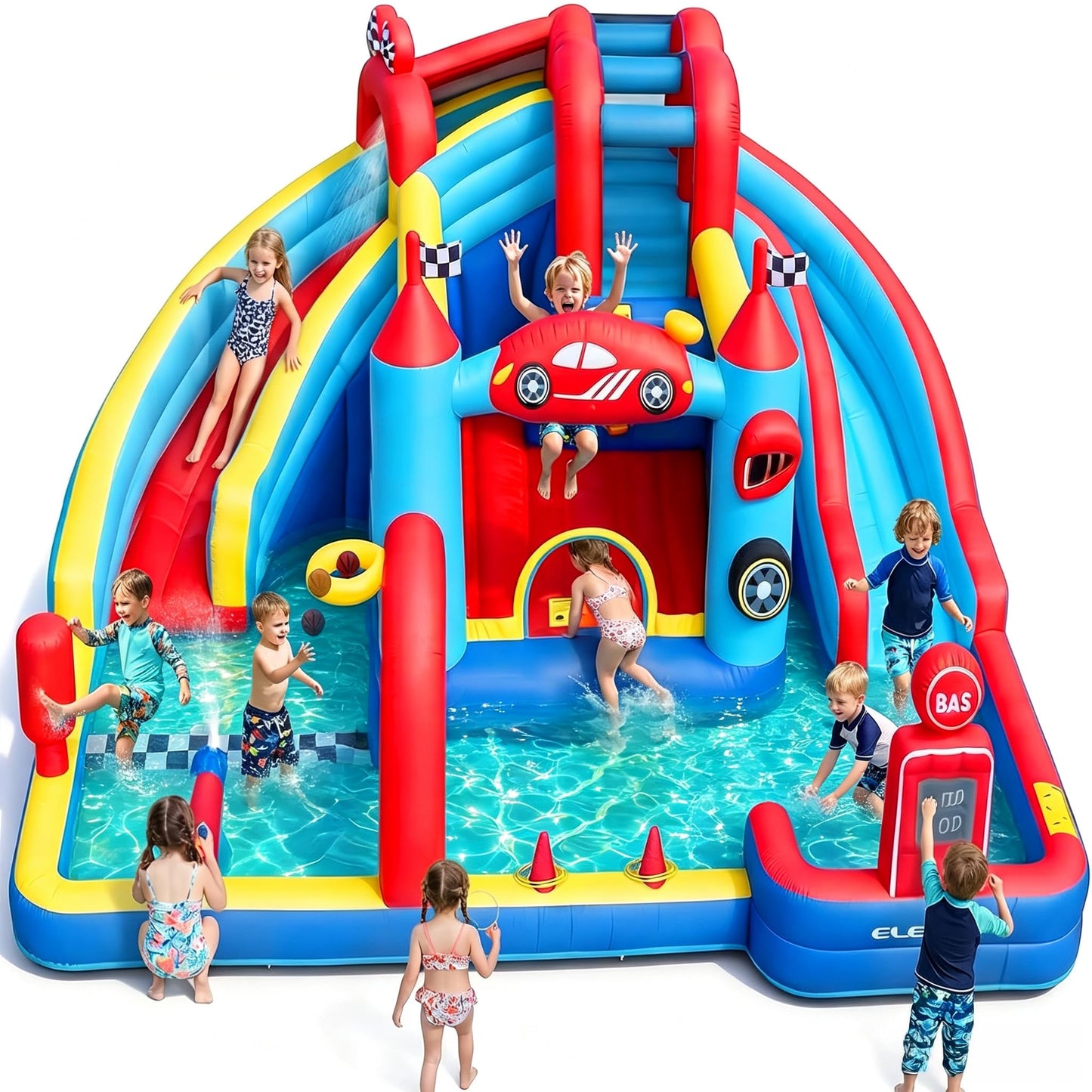 ELEMARA Speed Racer 15-in-1 Inflatable Water Slide Bounce House for Big Kids, 191x175in Double Slide Water Park w/Climbing Wall, Splash Pool,Water