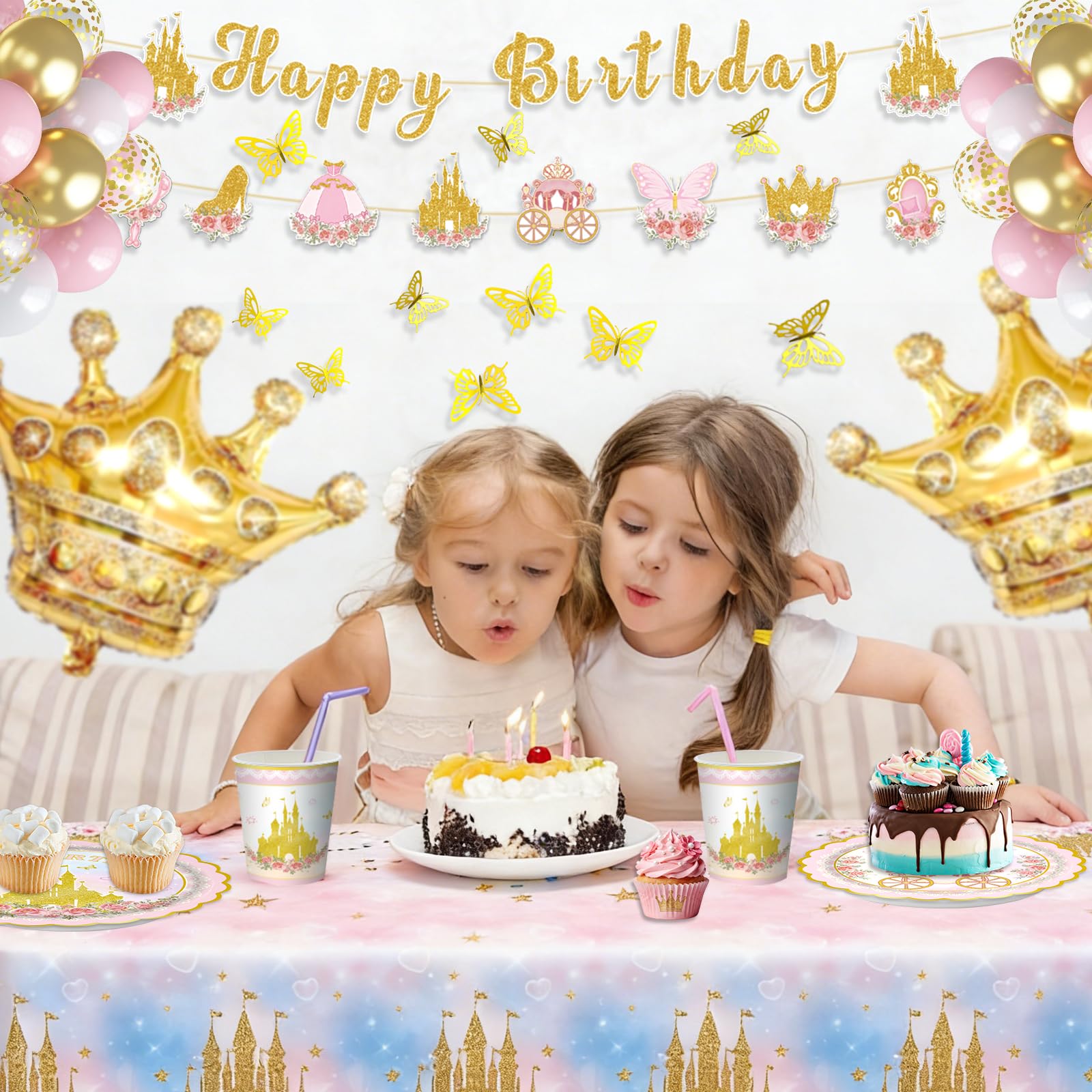 Butterfly Birthday Decorations, Birthday Decorations for Girls - 2 Big Butterfly Foil Balloons, 3D Butterfly Wall Decor, Banner, Tablecloth, Plates