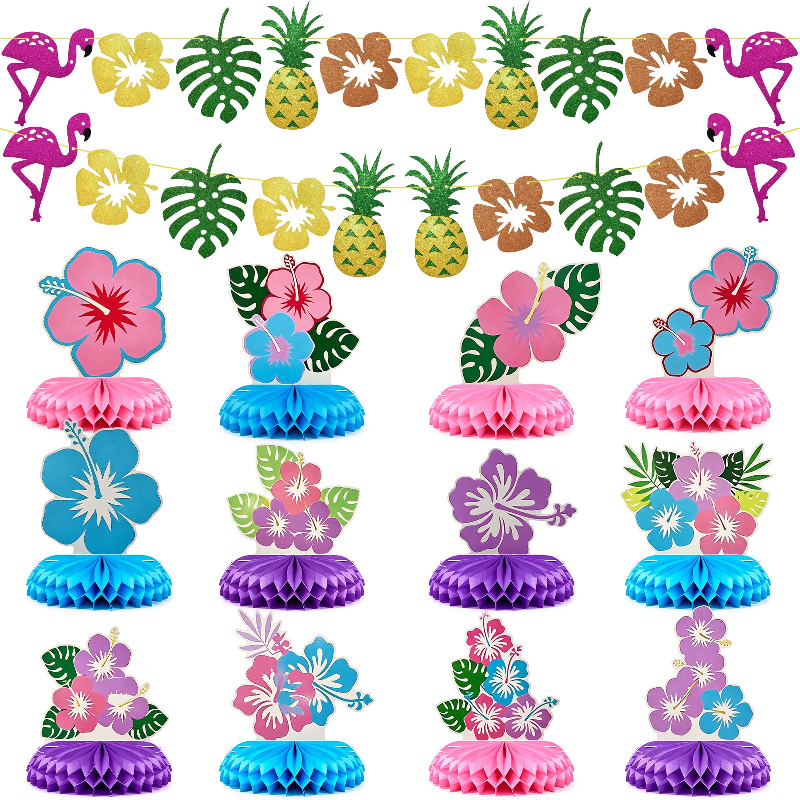 Karror 14 Pcs Tropical Hibiscus Honeycomb Table Centerpieces,Two-Sided Aloha Luau Table Toppers,Hawaiian Beach Party Decor for Summer Birthday
