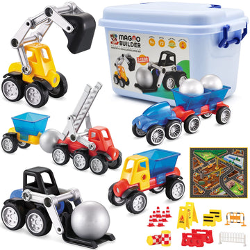 MOBIUS Toys Magnetic Vehicle Building Set - 72-Piece STEM Construction Kit with Play Mat & Road Signs - Magnetic Car & Truck Building Toys for Kids