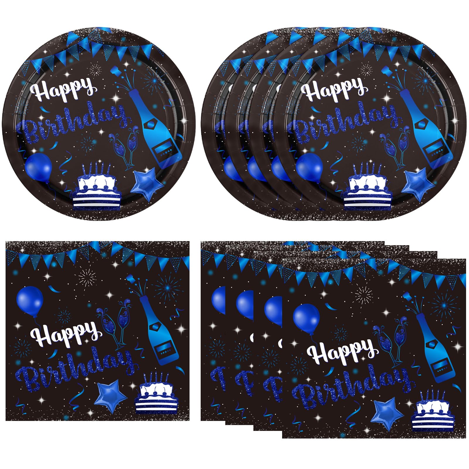 Happy Birthday Decorations Navy Blue Black Birthday Party Decorations Disposable Paper Plates and Napkins for Women Men Baby Shower Supplies