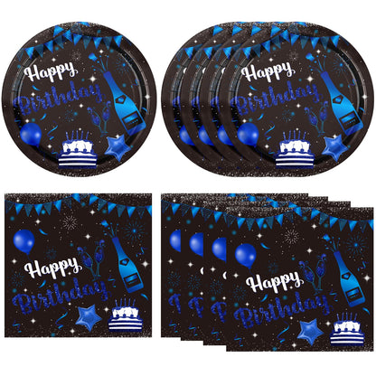 Happy Birthday Decorations Navy Blue Black Birthday Party Decorations Disposable Paper Plates and Napkins for Women Men Baby Shower Supplies