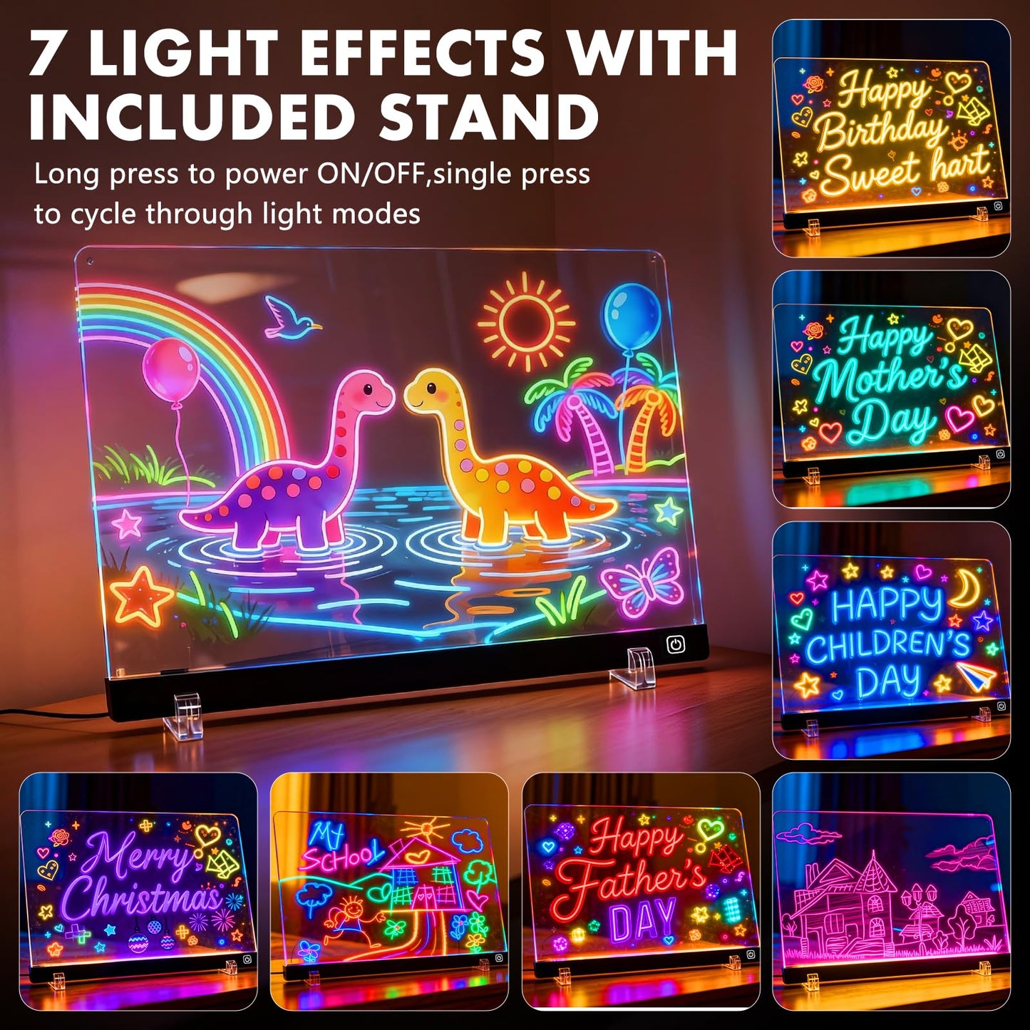 16" LED Light Up Drawing Board for Kids - Thickened Anti-Scratch Acrylic Glow Art Pad with 12 Markers - Neon Message Board & Night Light - Creative