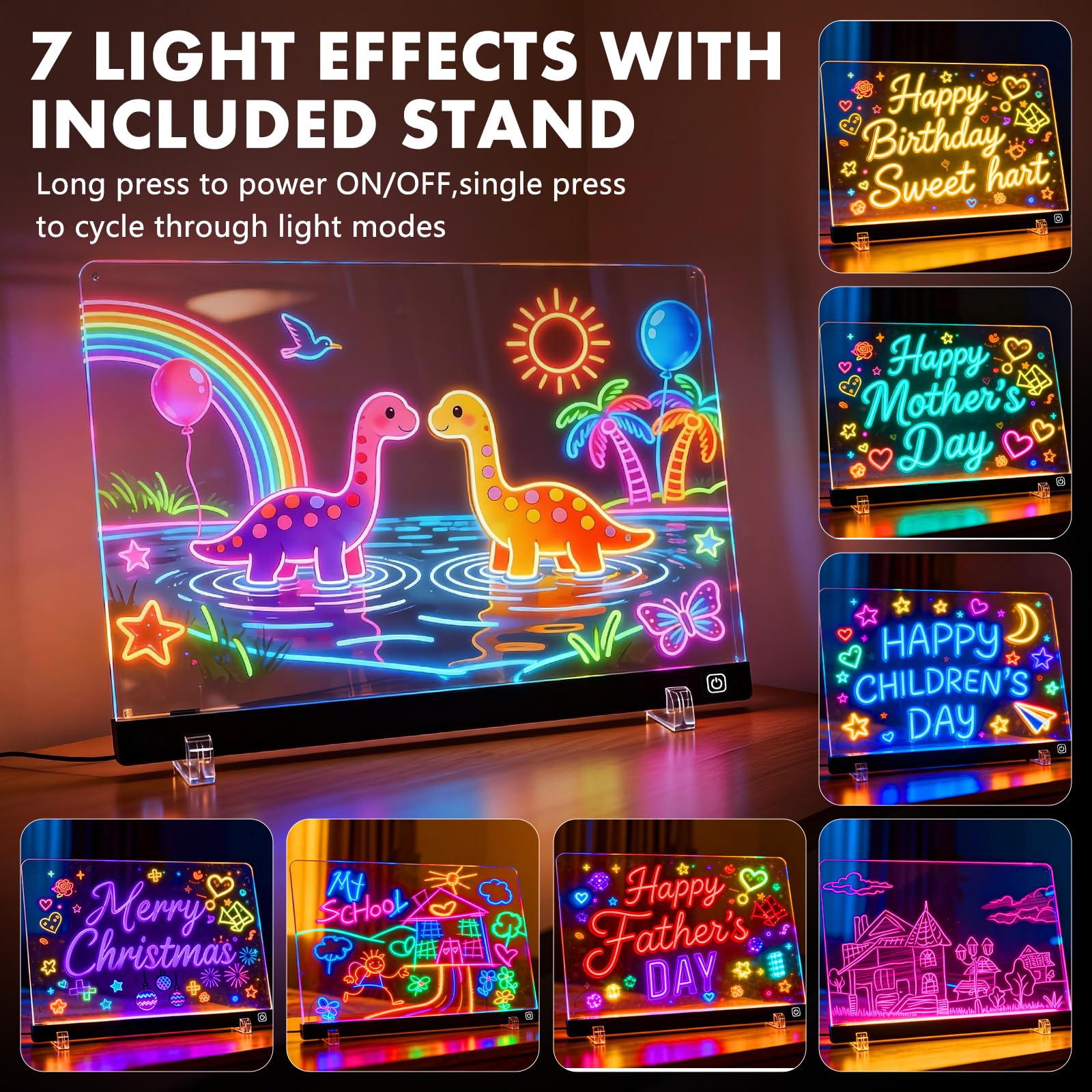 16" LED Light Up Drawing Board for Kids - Thickened Anti-Scratch Acrylic Glow Art Pad with 12 Markers - Neon Message Board & Night Light - Creative