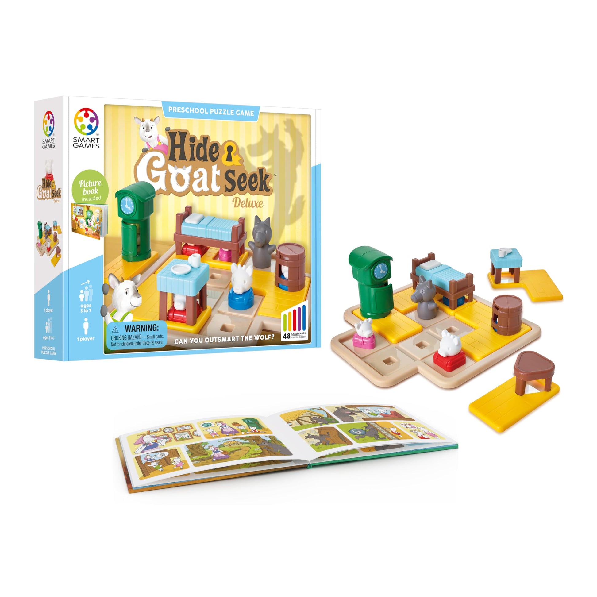 SmartGames Hide and Goat Seek - Shape-Matching Logic Puzzle with Storybook | Help 7 Goats Outsmart the Wolf | 48 Challenges | Ages 3-7