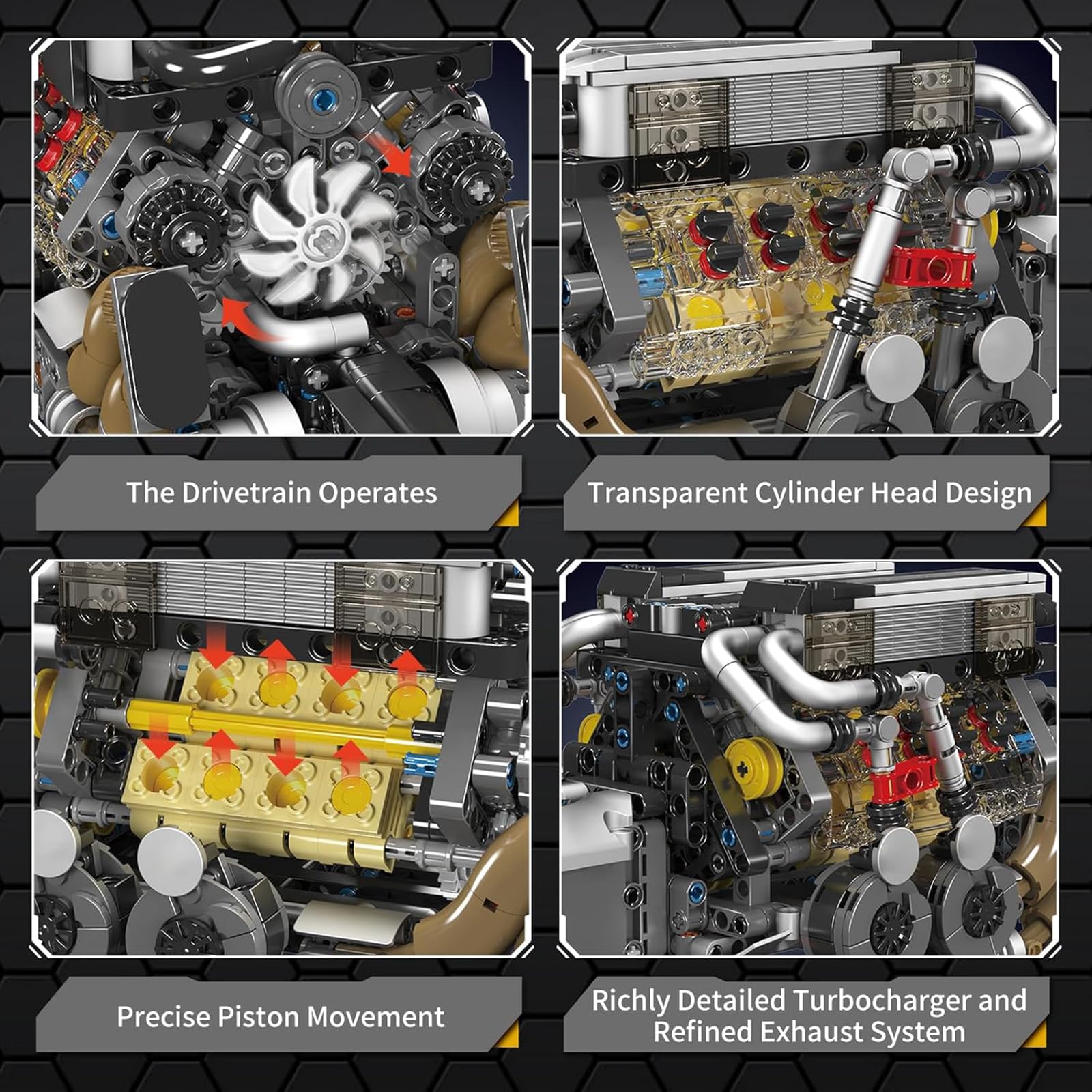 Mould King W16 Engine Building Blocks Set, Combustion Engine Model that Runs, Mini Engine Build Kit for Adults with Battery and Motor, Engineering