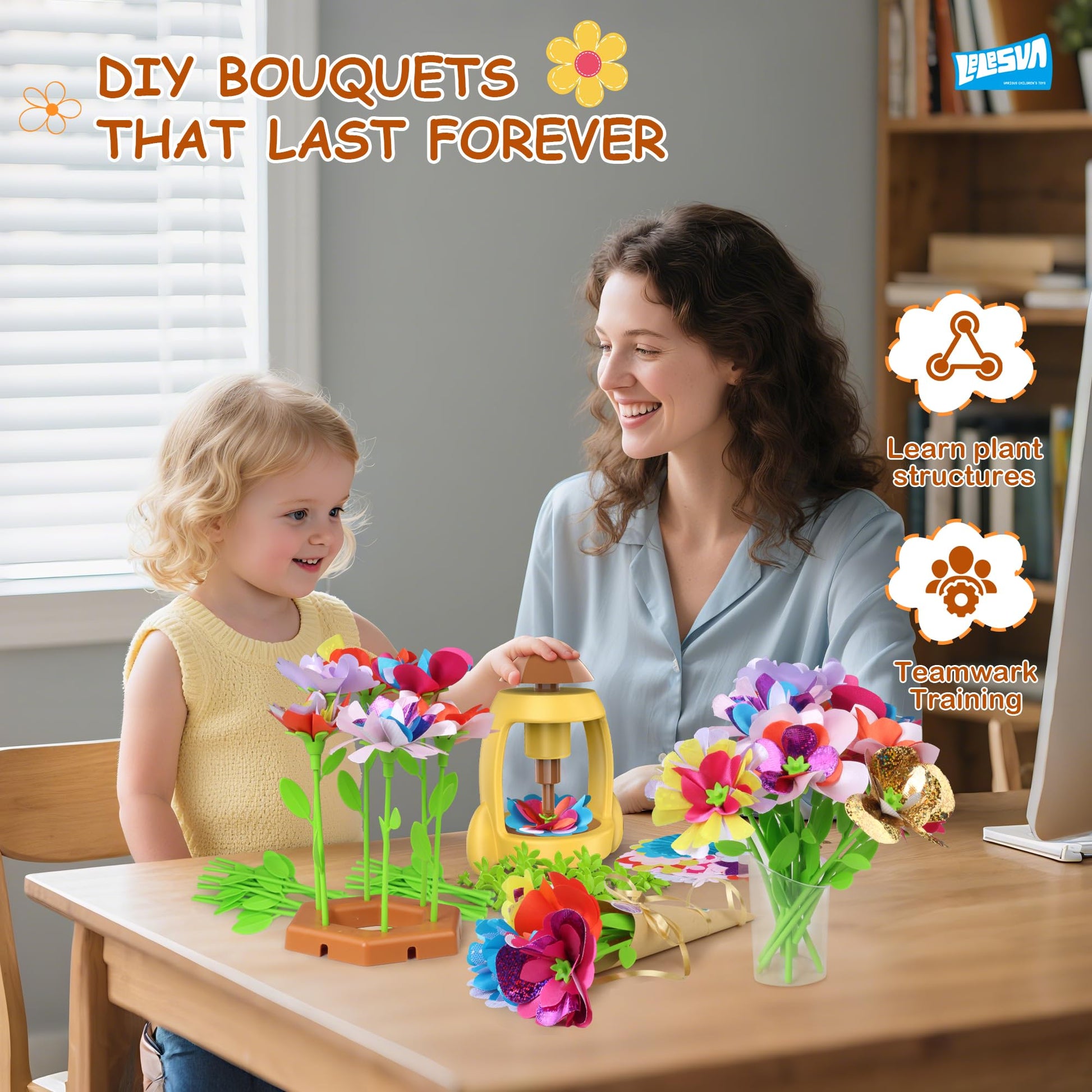 LELESUN DIY Fabric Flower Bouquets Toys, Craft Kits Toys for Kids, Flowers Market Toy, Arts & Crafts for Girls Ages 4 5 6 7 8?Educational Activity
