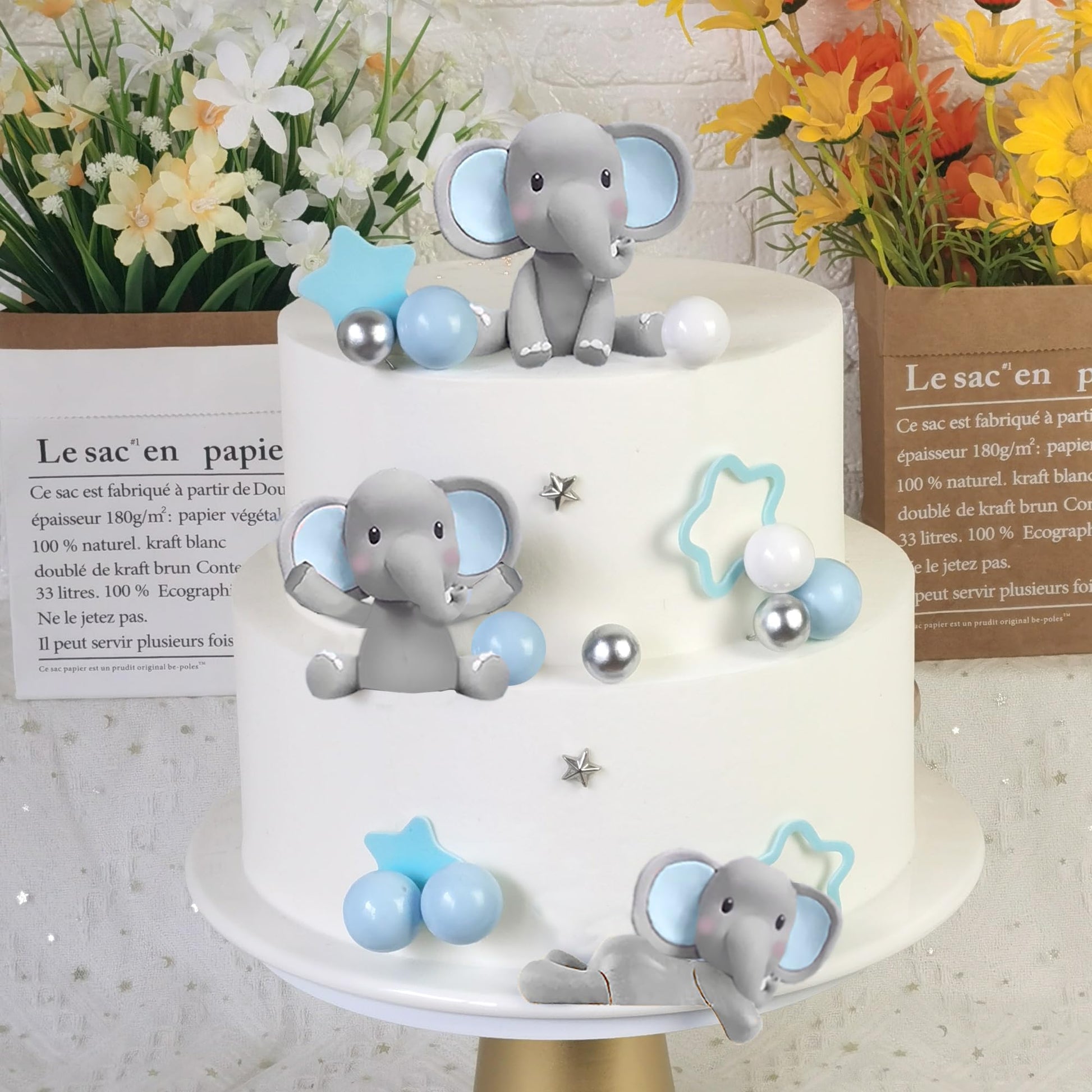 32 PCS Elephant Cake Decoration with Mini Elephant Blue White Pearl Balls for Elephant Theme Birthday Supplies (BLUE)