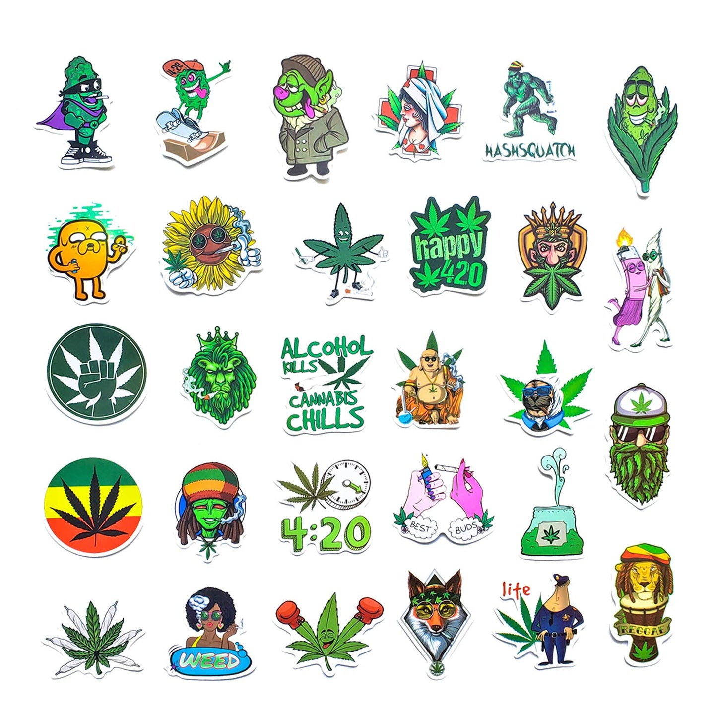 90 pcs Smoking Green Sticker Pack - Use as Cannabis Weed Leaf Stickers, Trippy Stoner Stickers, Marijuana 420 Theme Decors on Bong, Skateboard