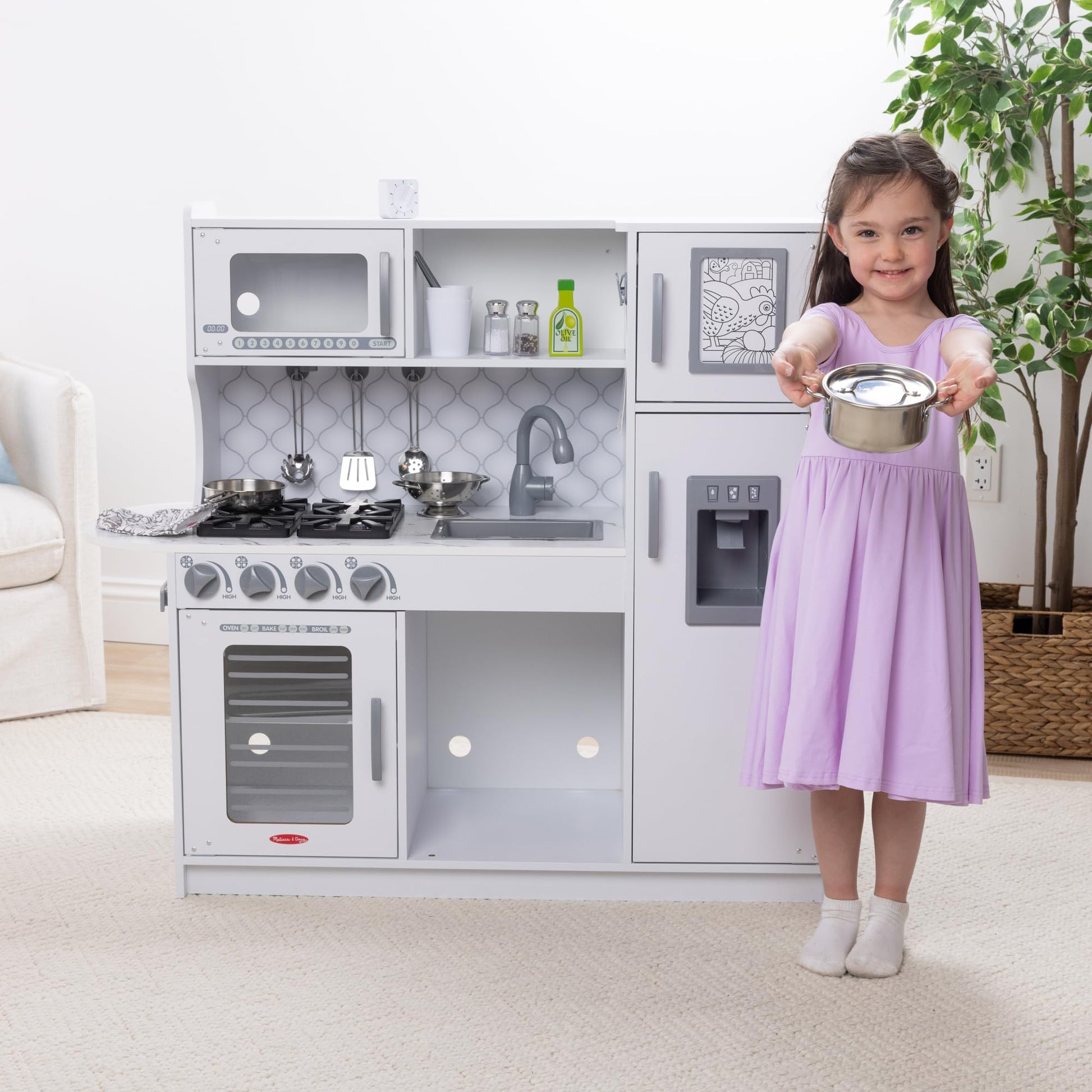 Melissa & Doug Wooden Chef’s Pretend Play Toy Kitchen with “Ice” Cube Dispenser - Cloud White, Kids Kitchen Play Set, for Toddlers and Kids Ages 3+ -