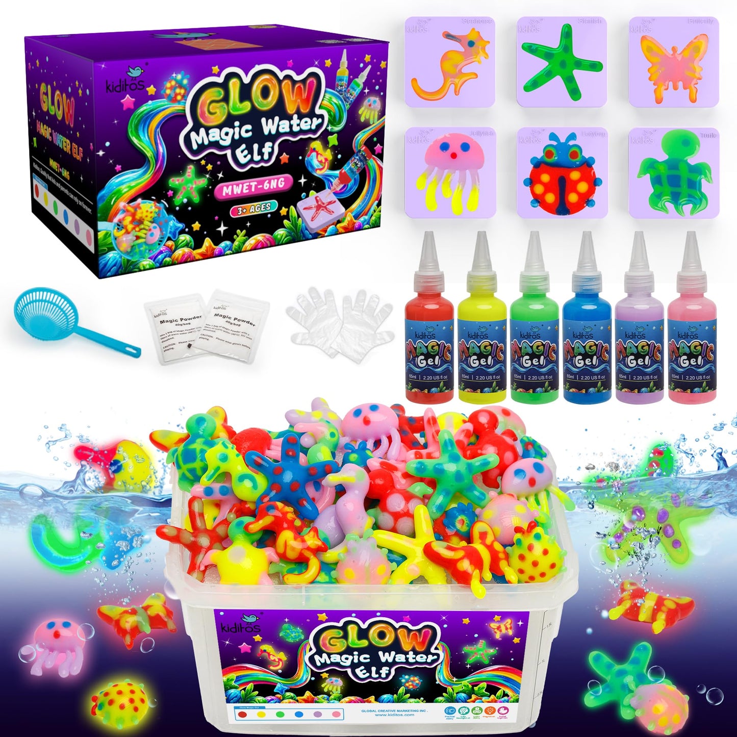 Kiditos Magic Water Elf Toy Kit Glow in the Dark - Make Your Own Water Pets, 6 Magic Gels & 6 Molds, Kids DIY Sensory Craft Kit, STEM Science Toy