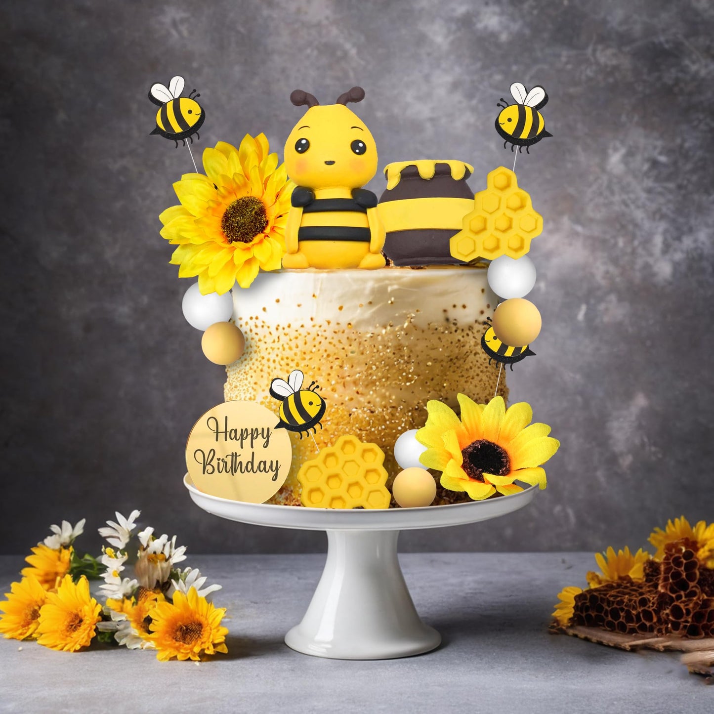 17 PCS Bee Cake Topper Happy bee day Cake Topper Honeycomb Sunflower Cake Decoration for Honeycomb Theme Birthday Party Supplies