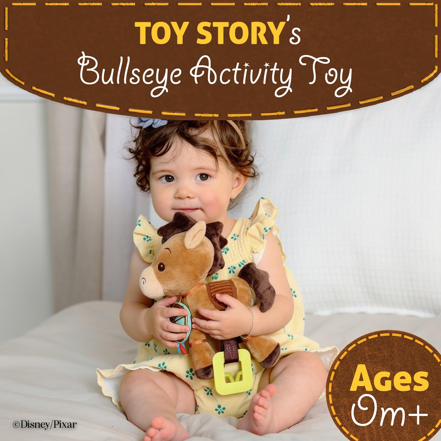 Disney Toy Story Bullseye Activity Toy - Plush Baby Sensory Toy with Teethers, Rattle, Crinkle Textures and On the Go Clip for Infants and Toddlers