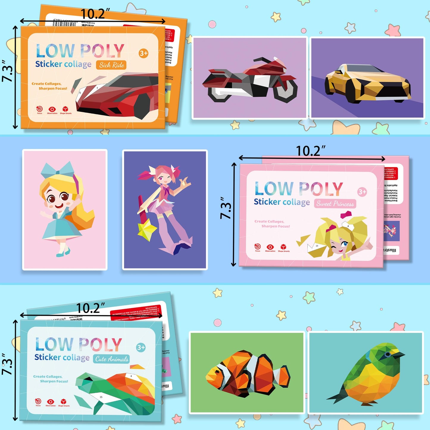 3 Packs in 1 Large Sticker Paint Books for Kids Ages 4-8, Create 24 Pictures, Perforated for Easy Tearing Vehicle & Princess & Animal, Sticker by