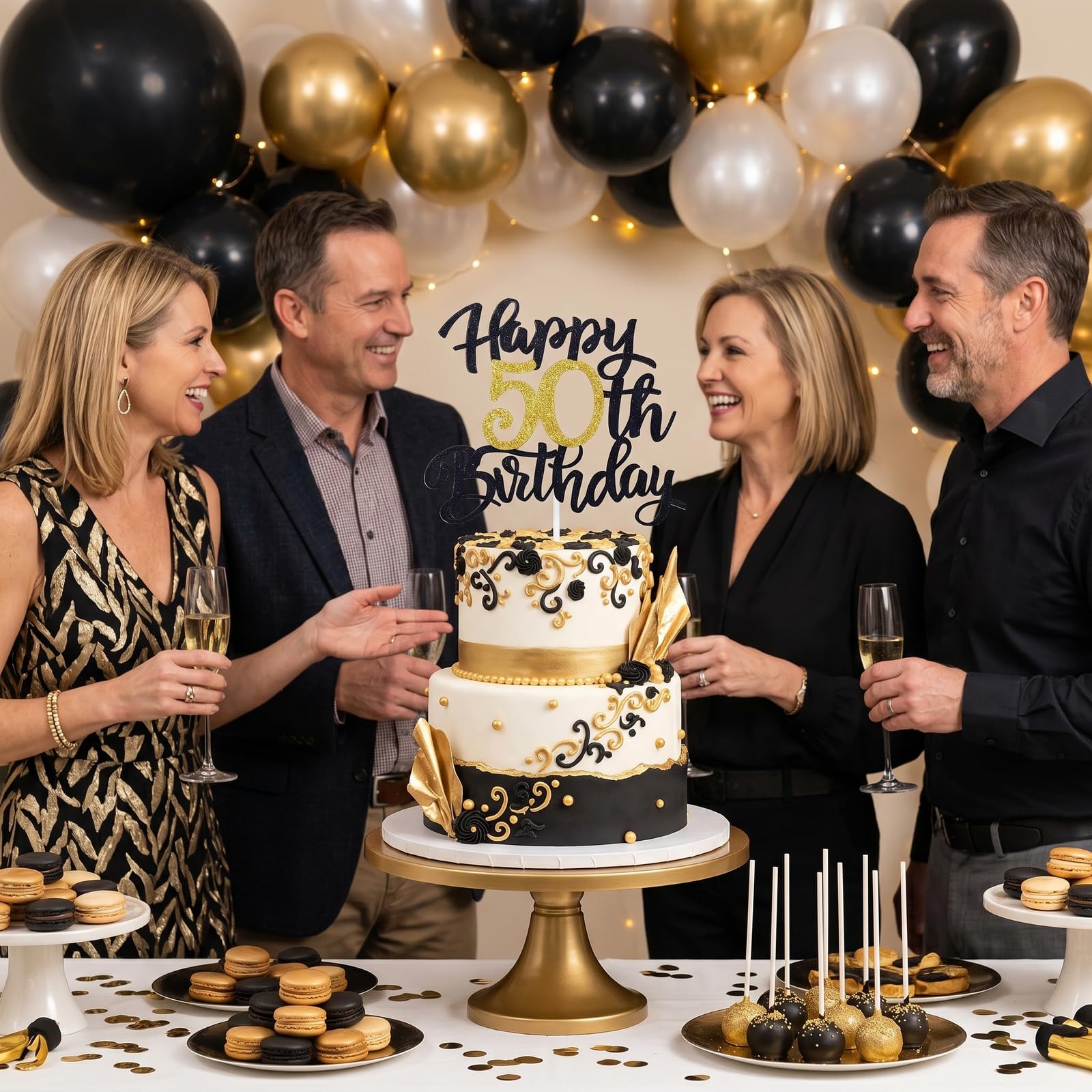 50th Birthday Cake Topper for Men and Women, Happy 50th Birthday Decorations, Gold and Black 50 Cake Topper for Mens 50th Birthday Party Decor, Cool