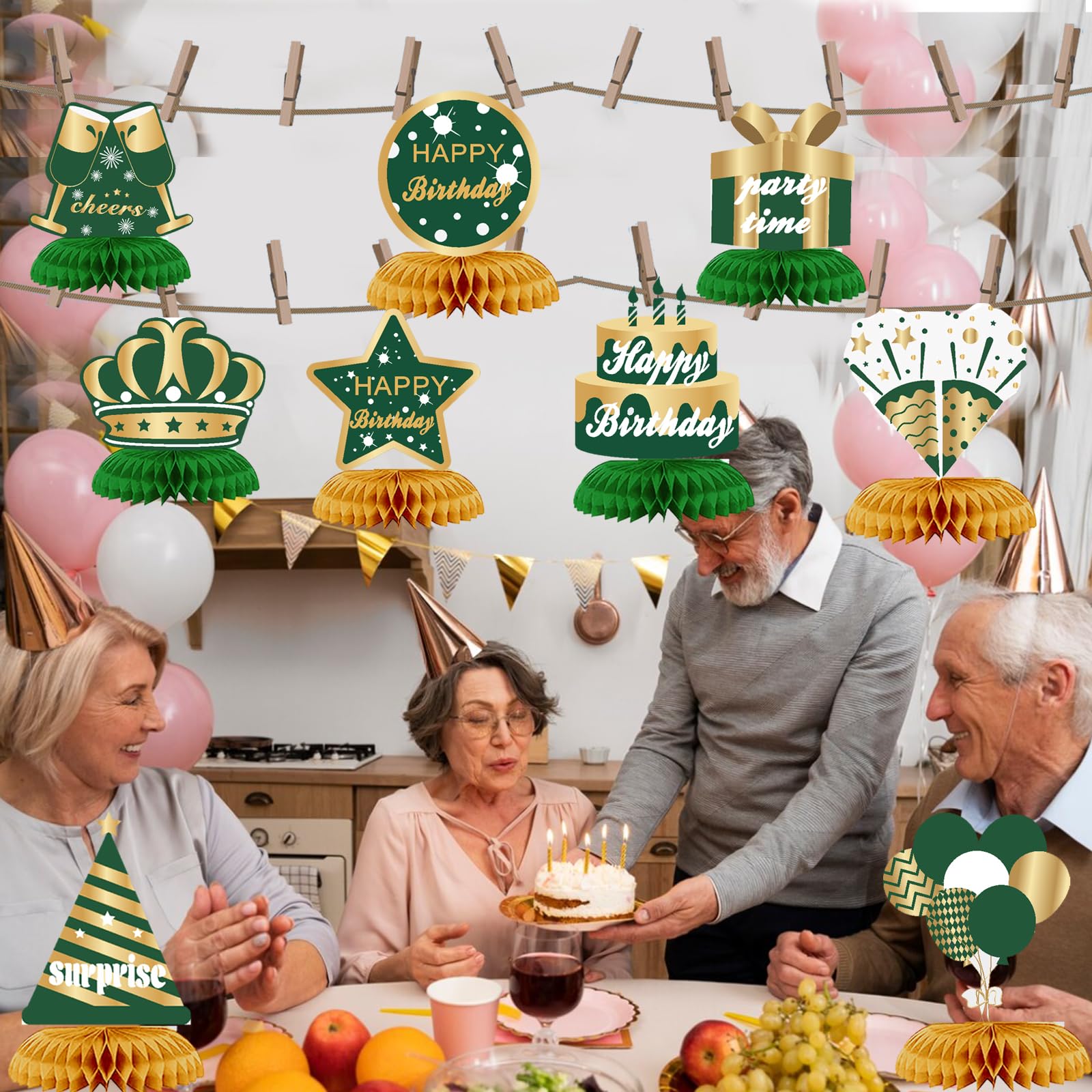 WINPOGEE 9PCS Green Gold Birthday Decorations Honeycomb Centerpieces for Women Men Green Gold Happy Birthday Table Centerpieces Party Supplies 16th
