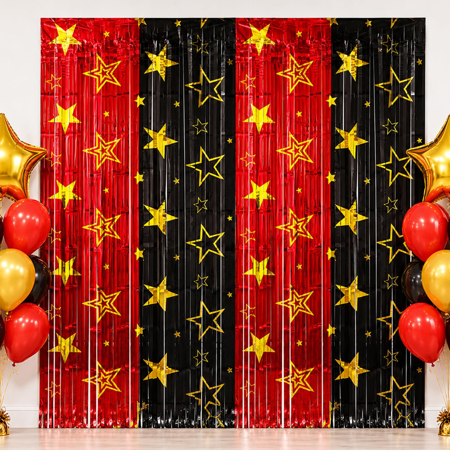 2 Pack Movie Night Foil Fringe Curtains Backdrop Decorations, 3.3 x 6.6 Ft Star Red and Black Movie Night Tinsel Streamers Backdrop for Movie Theater