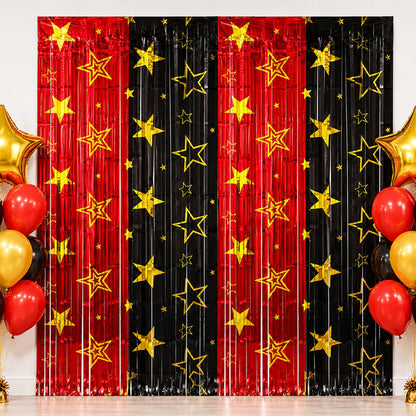 2 Pack Movie Night Foil Fringe Curtains Backdrop Decorations, 3.3 x 6.6 Ft Star Red and Black Movie Night Tinsel Streamers Backdrop for Movie Theater