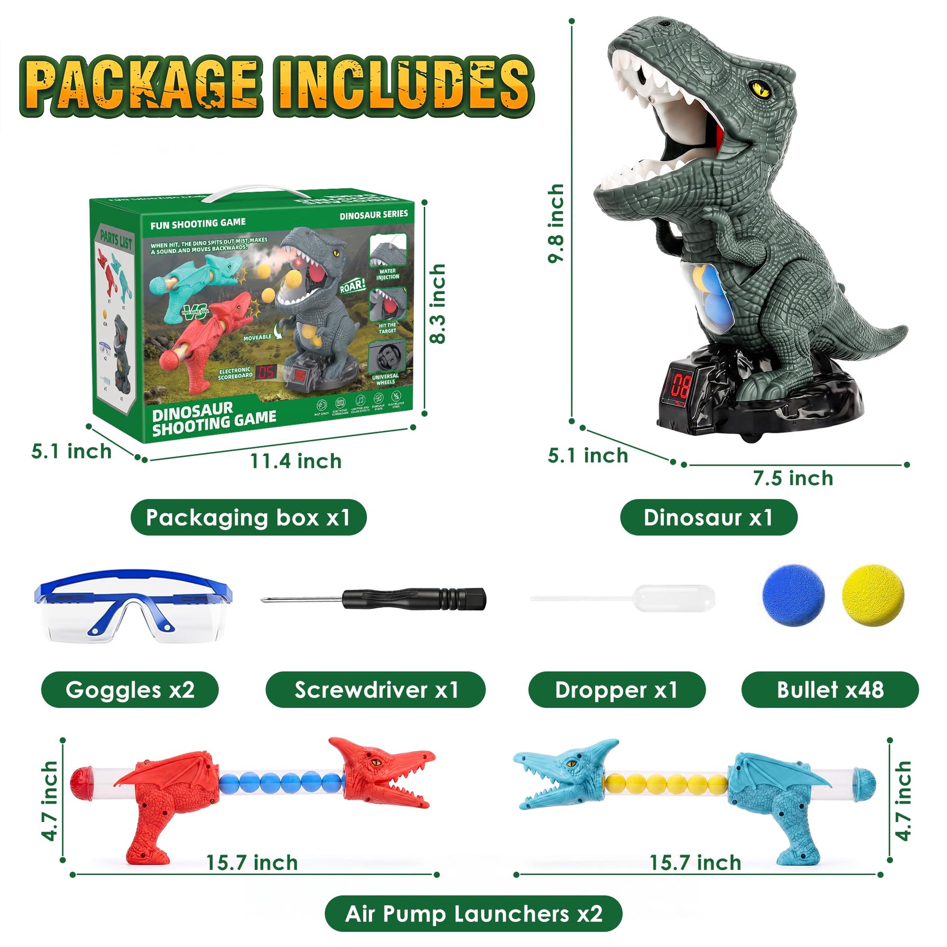 Dinosaur Shooting Toys for Kids 3-5 5-7, Moving T-Rex Target Shooting Game with 2 Air Pump Launchers, 48 Foam Balls, Interactive Competition Game