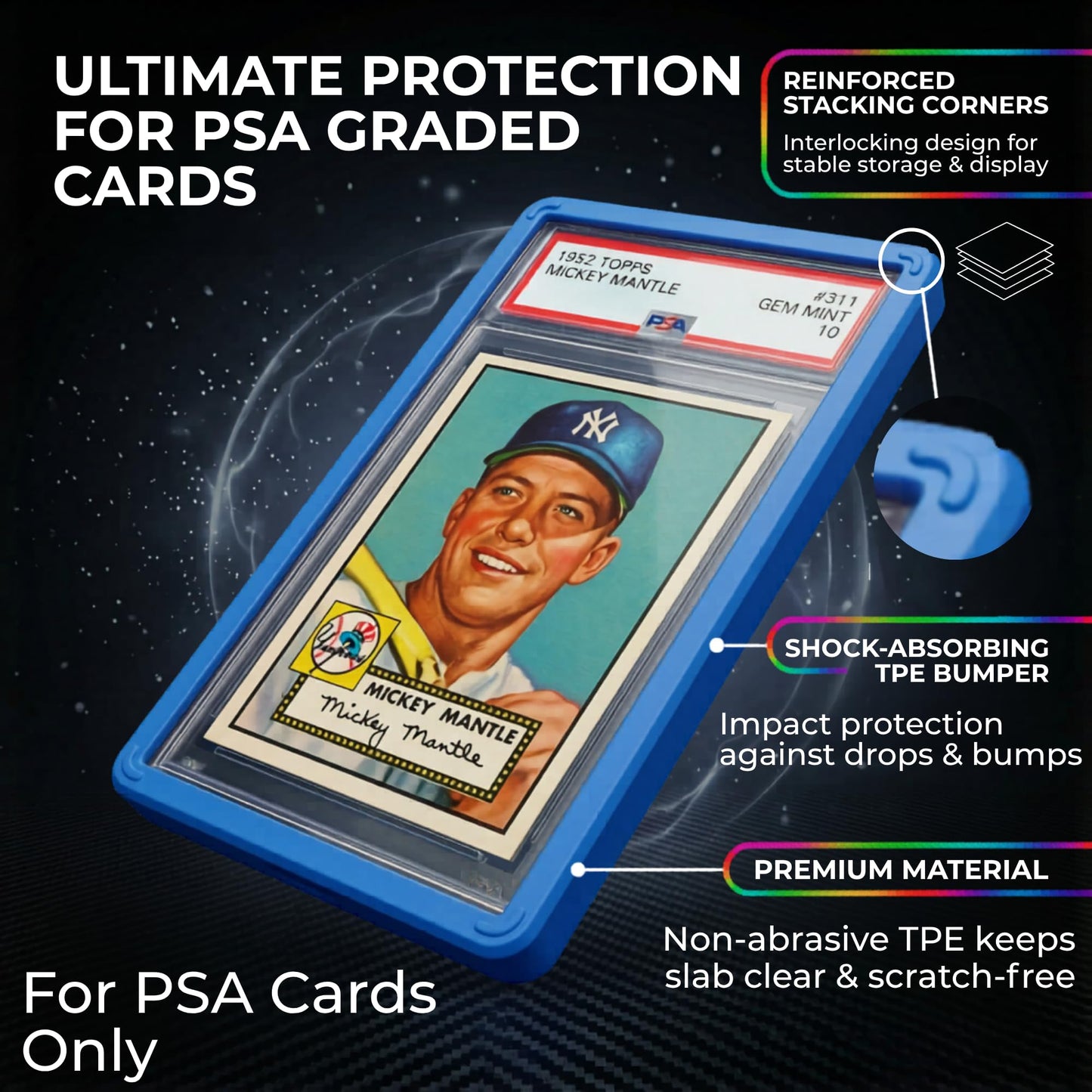 GemLock 5-Pack PSA Slab Bumpers - Hard TPU Stackable Colored Guards with Precision Fit for Graded Cards (Red, Black, Purple, Blue, Green)