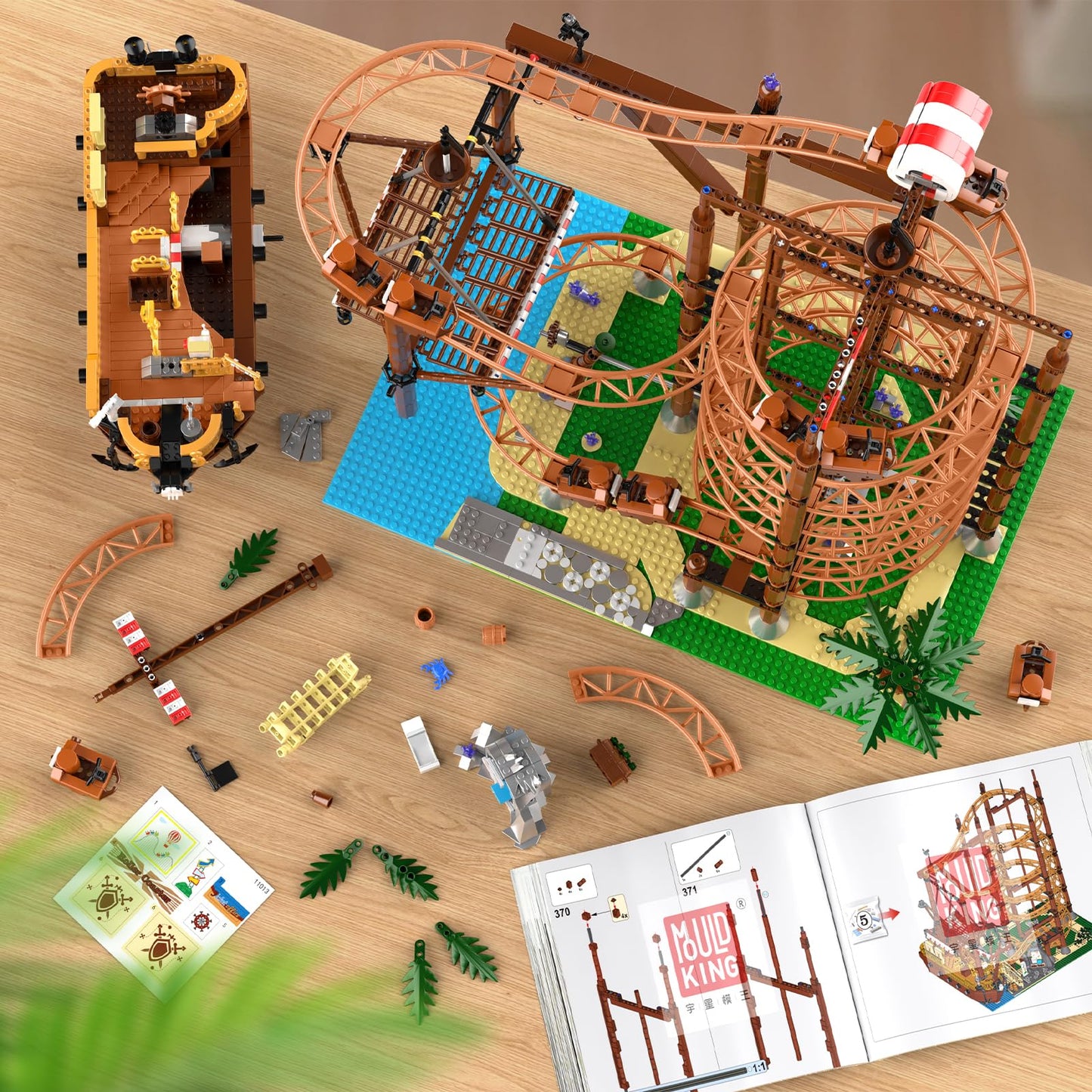 Mould King 11013 Roller Coaster & Pirate Ship Building Set, 2174-Piece Amusement Park Model with Motorized Loop Coaster, Double Helix Roller Coaster