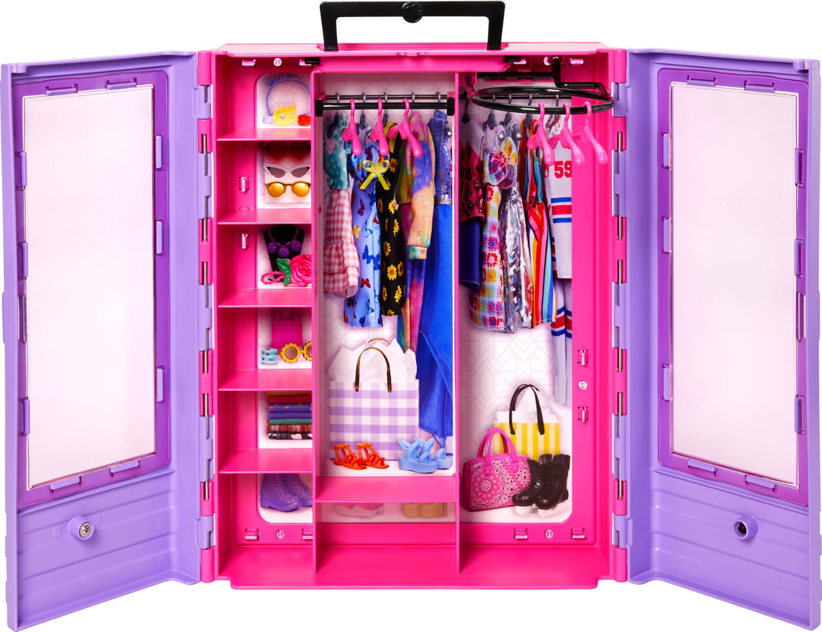 Barbie Fashionistas Ultimate Closet & 6 Hangars, Purple with Fold-Out Rack & Carrying Handle, Portable Storage for Fashion Doll Clothes & Accessories