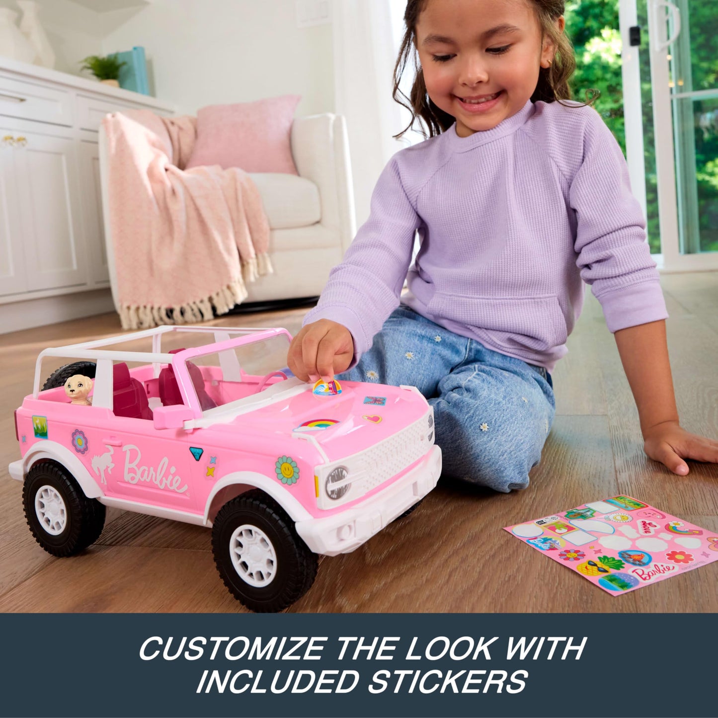 Hot Wheels RC Barbie Ford Bronco Remote-Control Toy Car, RC Vehicle with Puppy Accessory, Dog Bed & Bowl, Plus Stickers for Customization, Fits 2