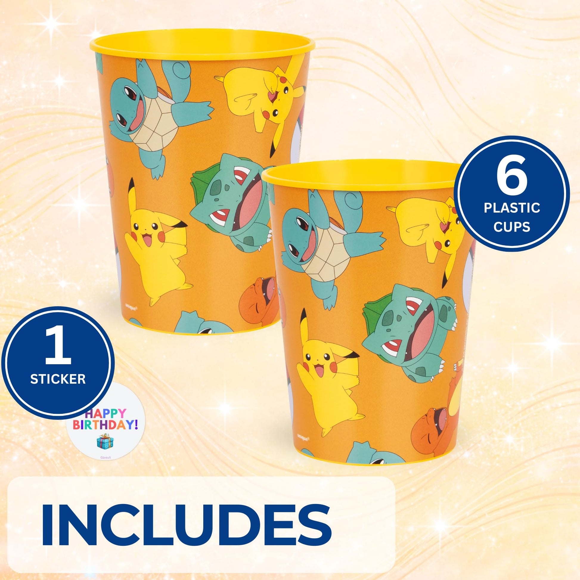 Unique Pokemon Cups - 6 Pack - Plastic Reusable Party Favor Cups 16 oz - Pokemon Birthday Decorations and Party Supplies - for Water, Juice, Goodie