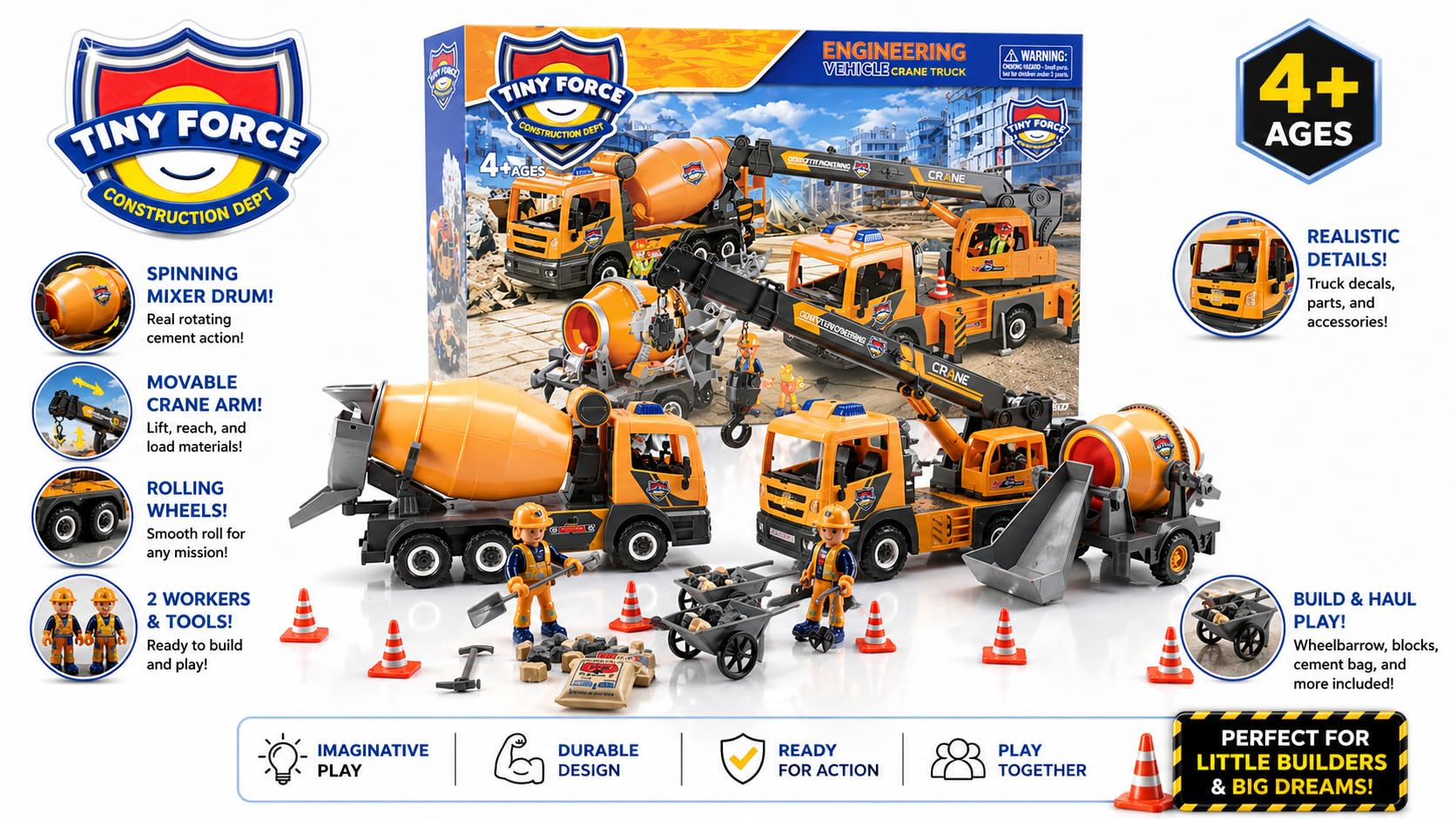 Tiny Force Toy Construction Truck Toys for Kids Ages 4-12 Cement Mixer, Construction Trucks & Toy Trucks for Toddler Boy Toys, Cool Toys for Boys
