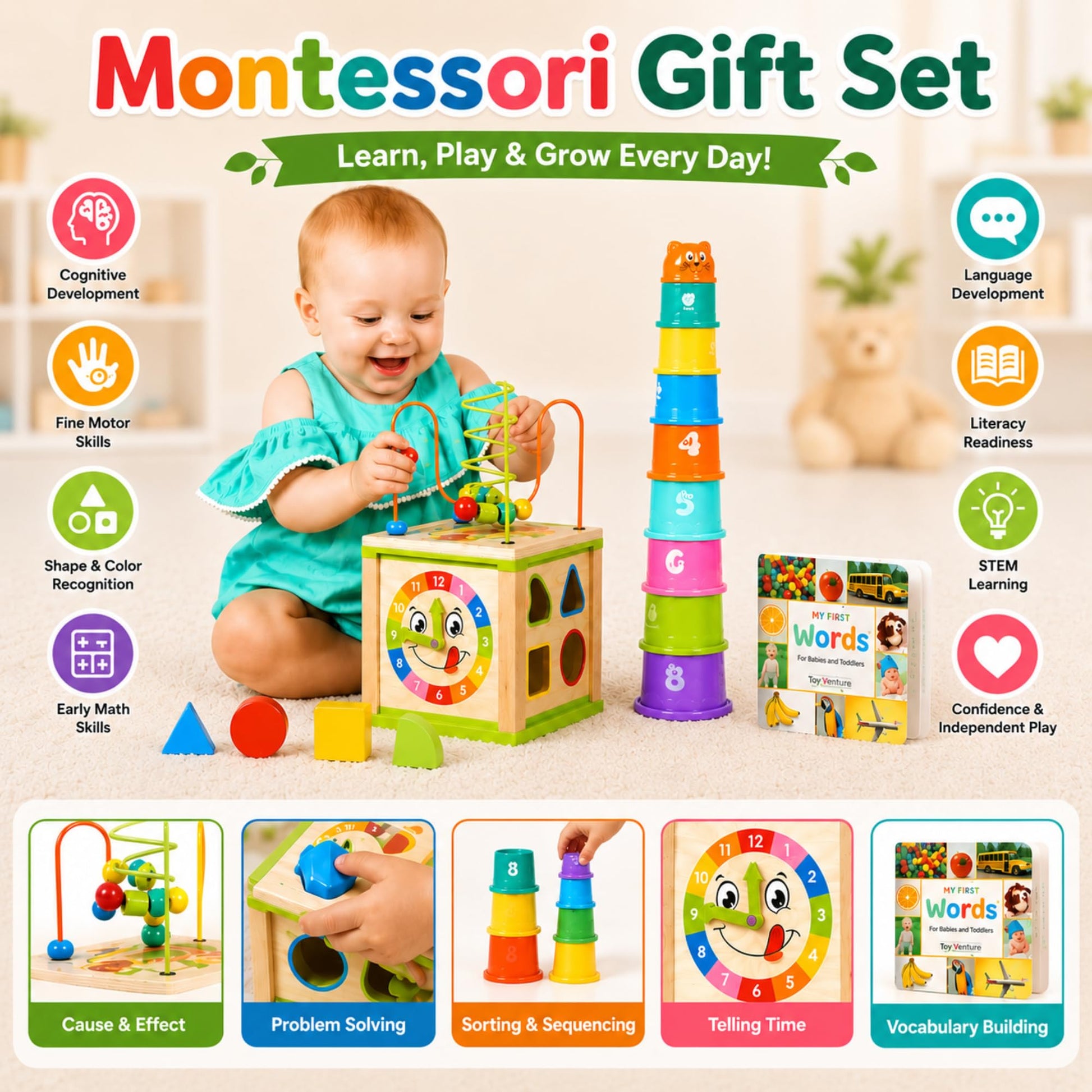 Wooden Activity Cube for 1 Year Old - 1 Year Old Boy Gifts - 1 Year Old Boy Toys - Educational Toys for 1 Year Old - Busy Cube with Bead Maze Toy