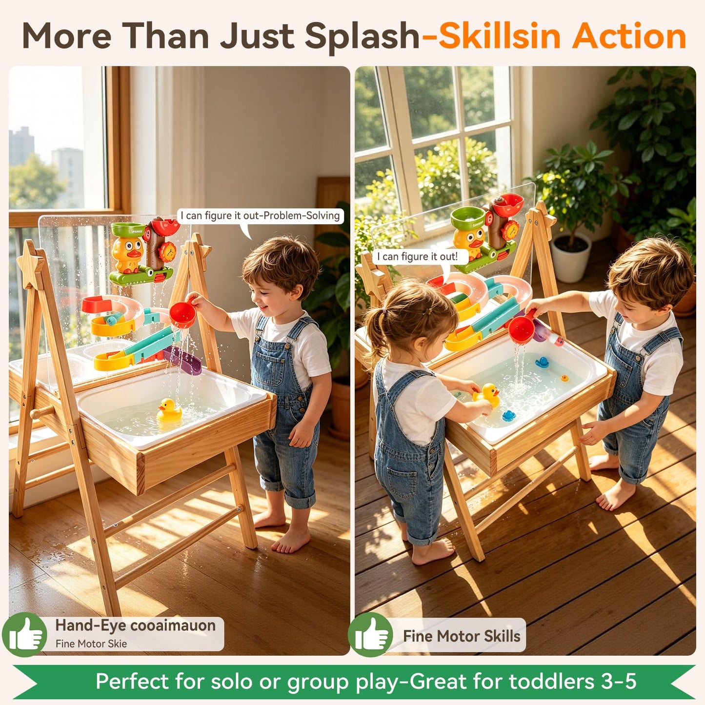 4in1 Water Table for Toddlers 1-3,Wooden Sensory Table & Sand Table for Kids,Indoor Outdoor Toddler Water Table with Slide Track Toys,3 Basins,Acrylic