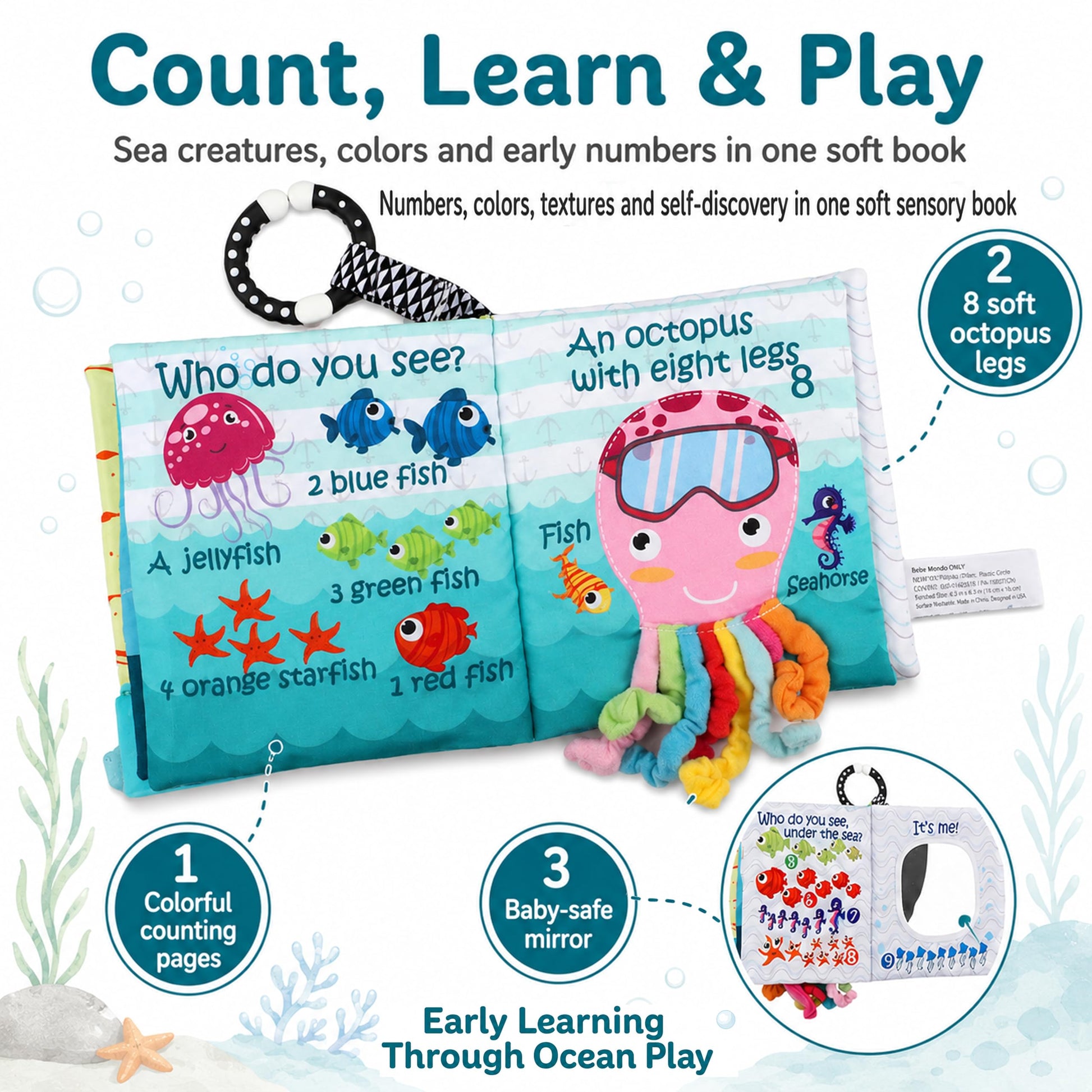 Fish Baby Books Toys, Touch Feel Cloth Crinkle Books for Babies,Baby Infant Toys 0-6, 6-12,12-18 Months,Newborn,Early Learning Education, Baby Gifts
