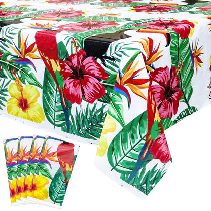 4 Pack Hawaiian Luau Tablecloths - 86.6”x51.2” Disposable Plastic Tropical Palm Leaf Tablecloths for Hawaiian Party Decorations, Jungle Safari Theme