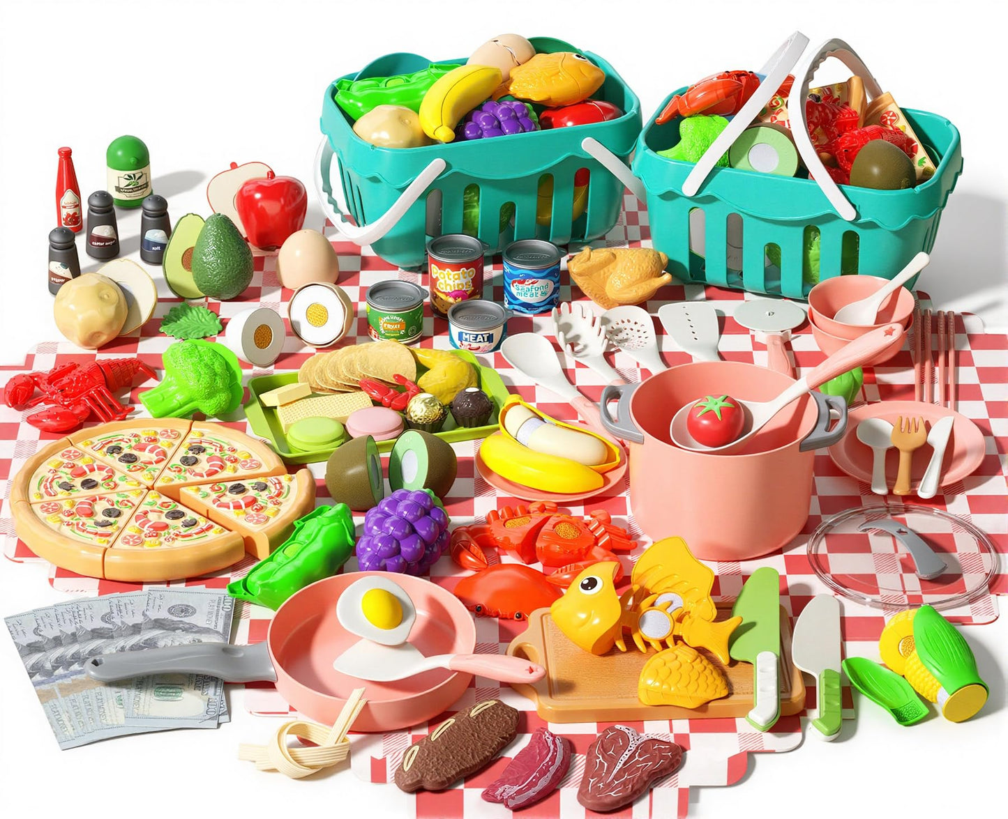 150Pcs Kitchen Playset, Toddlers Pretend Cooking Cookware Accessories, Food, Picnic Blanket, Fruits, Veges, 2Pack Shopping Storage Basket, Dessert
