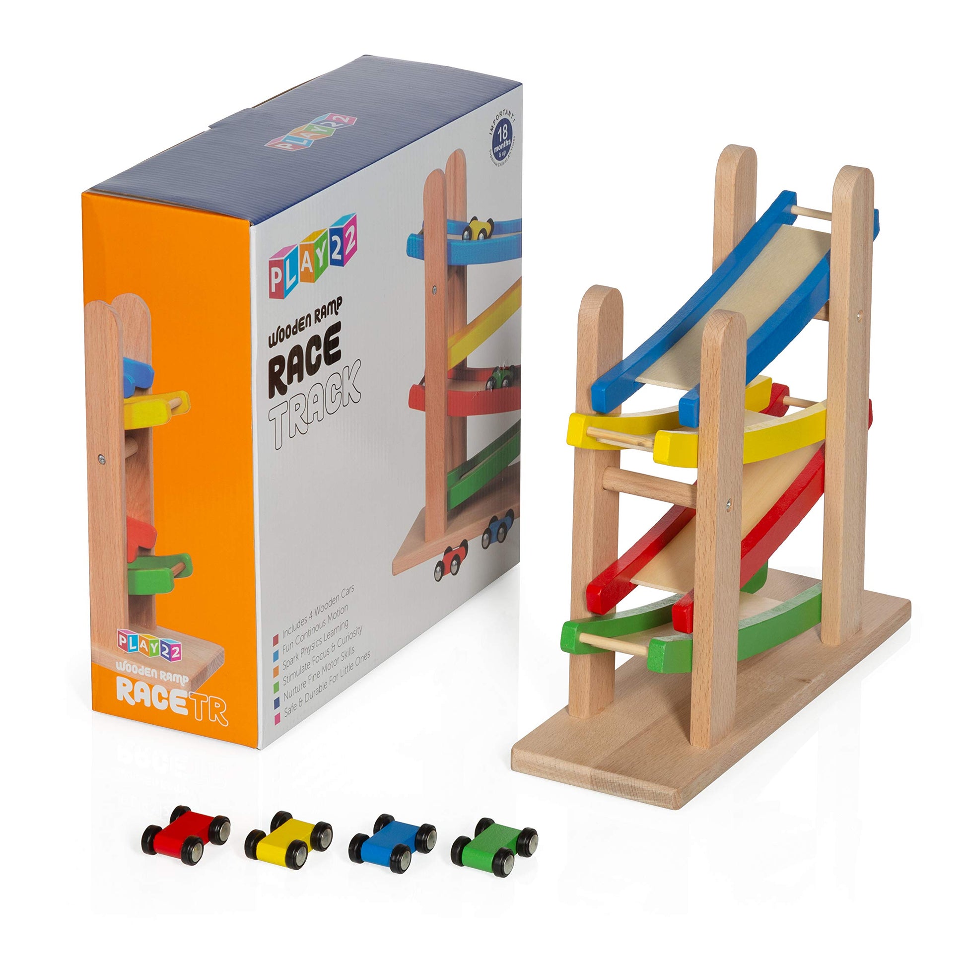 Play22 Wooden Car Ramps Race - 4 Level Toy Car Ramp Race Track Includes 4 Wooden Toy Cars - My First Baby Toys - Toddler Race Car Ramp Toy Set is