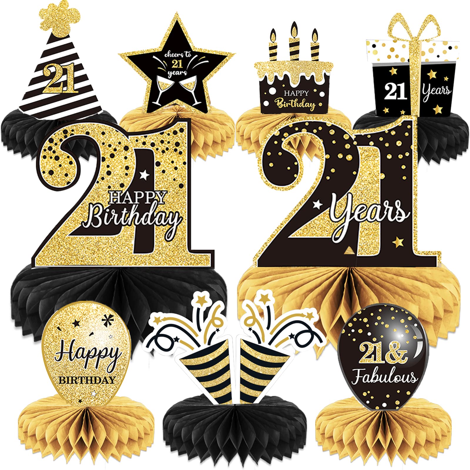 9 Pieces 21st Birthday Decoration 21 st Birthday Centerpieces for Tables Decorations Cheers to 21 Years Honeycomb Table Topper for Men and Women 21