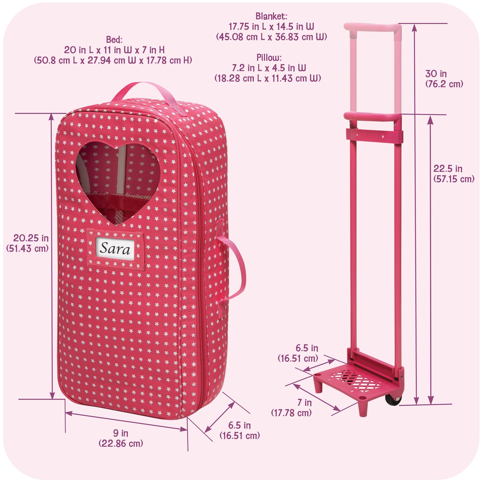 Badger Basket Toy Doll Travel Trolley and Carrier for 18 Inch Dolls - Rolling Suitcase with Removable Wheels, Carrying Straps, and Spacious Storage