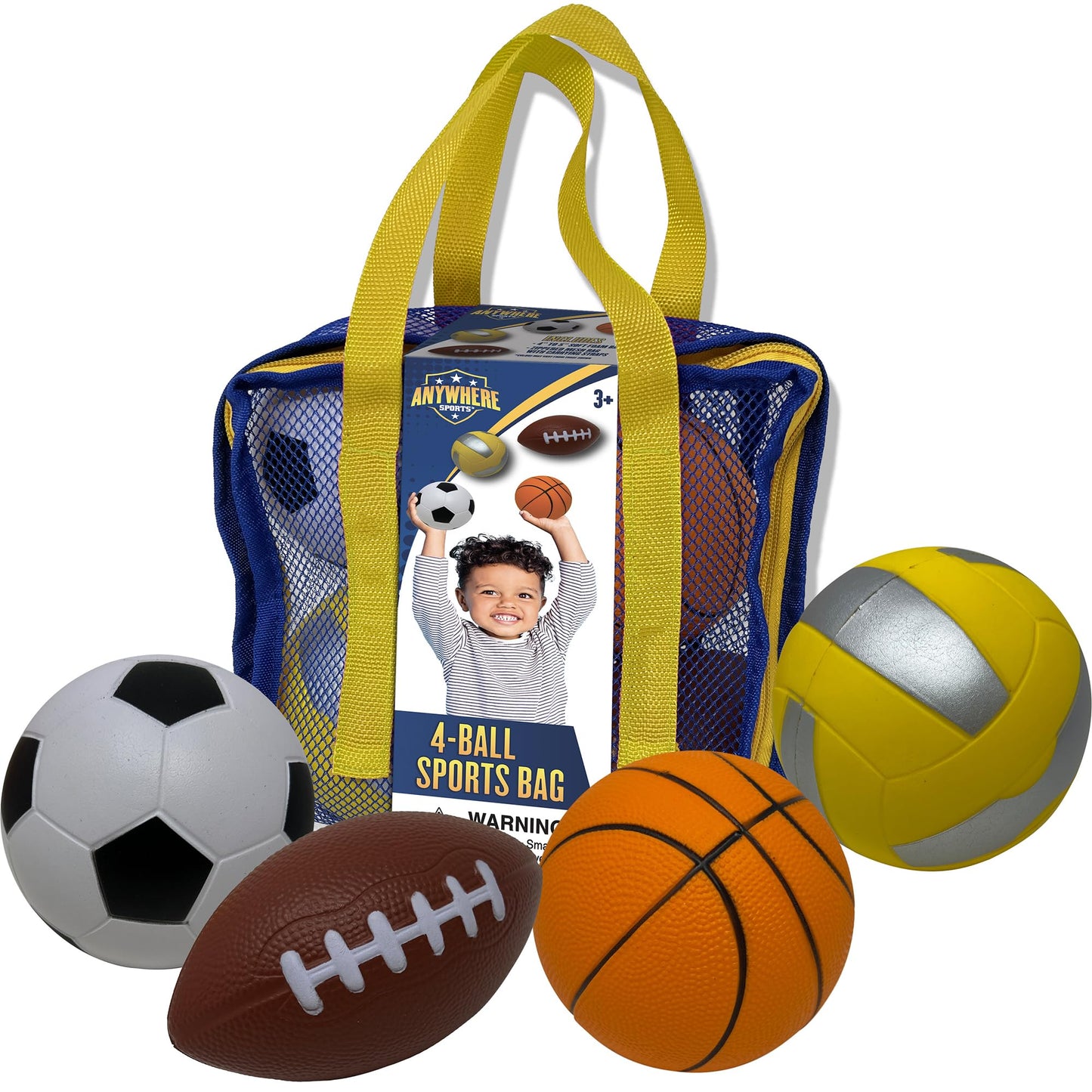 Nature Bound Mini 4-Ball Sports Bag - Soft Foam Balls Set for Kids - Basketball, Soccer, Volleyball, Football - Safe Indoor and Outdoor Play - No Pump