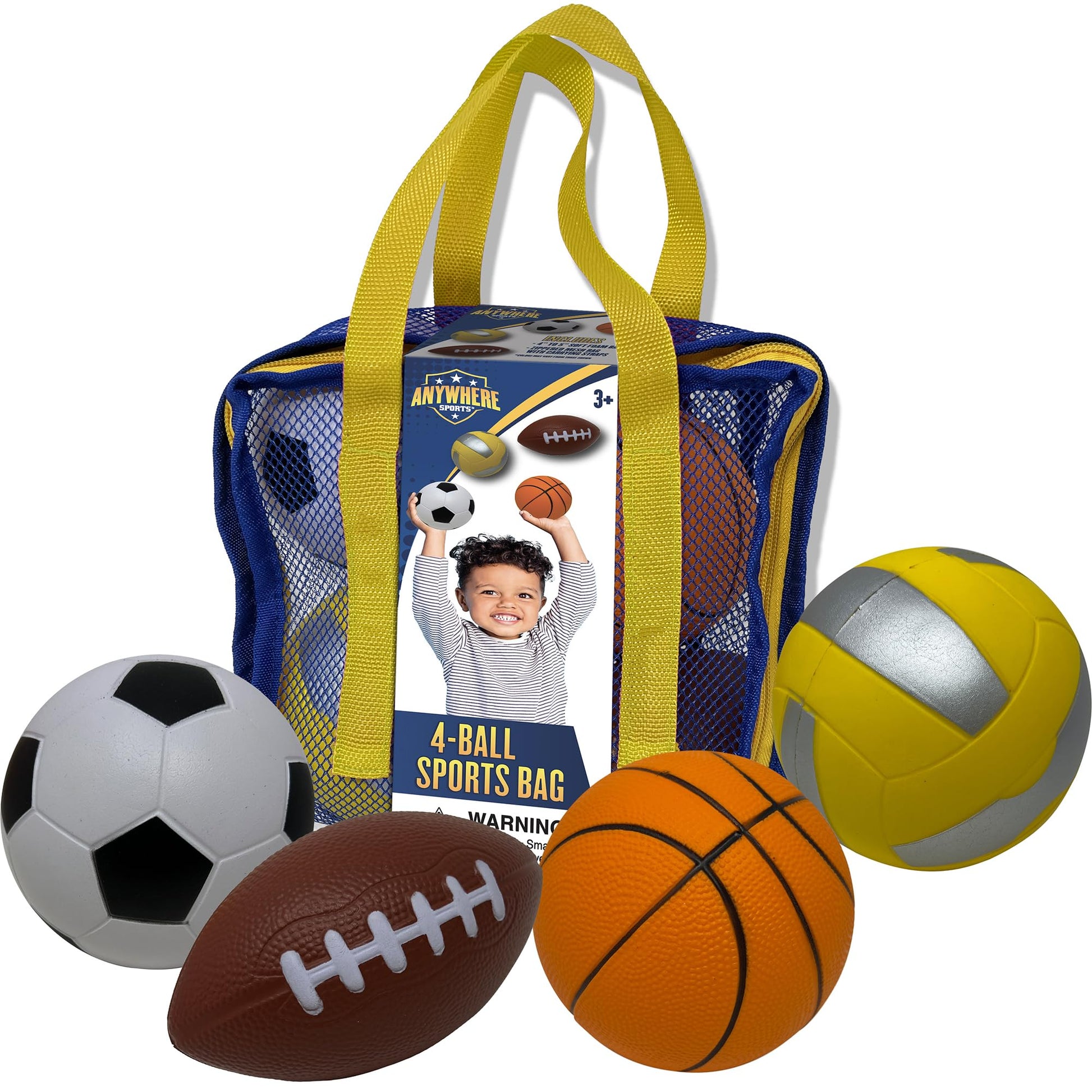 Nature Bound Mini 4-Ball Sports Bag - Soft Foam Balls Set for Kids - Basketball, Soccer, Volleyball, Football - Safe Indoor and Outdoor Play - No Pump