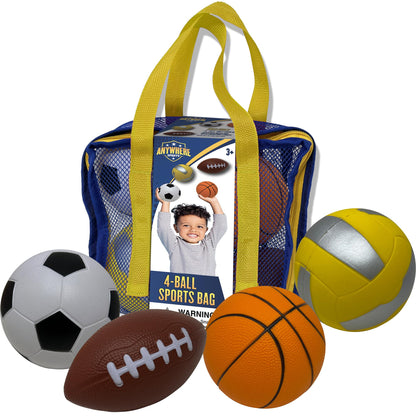 Nature Bound Mini 4-Ball Sports Bag - Soft Foam Balls Set for Kids - Basketball, Soccer, Volleyball, Football - Safe Indoor and Outdoor Play - No Pump