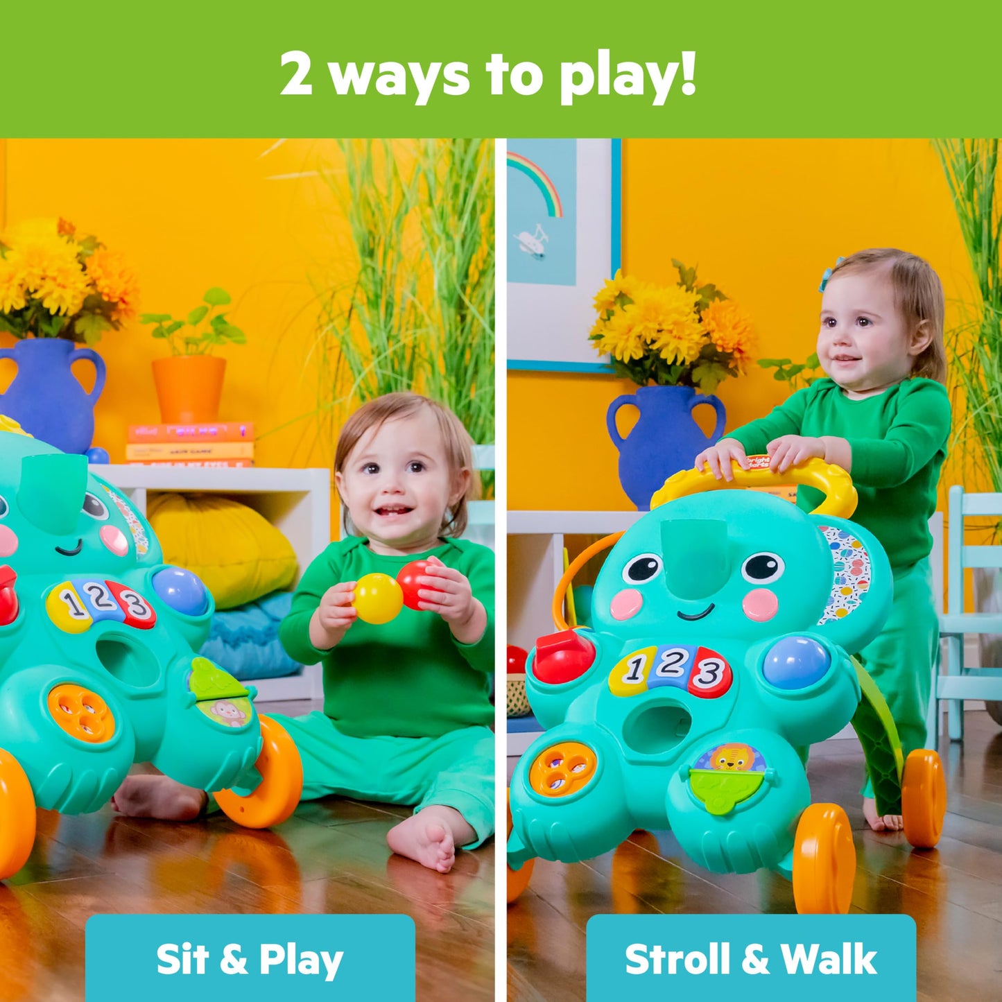 Bright Starts Stroll 'n Roll 2-in-1-Ball Push Walker - Includes 3 Toy Balls, Elephant with 70+ Songs & Sounds, 7 Activities - Ball Drop, Piano