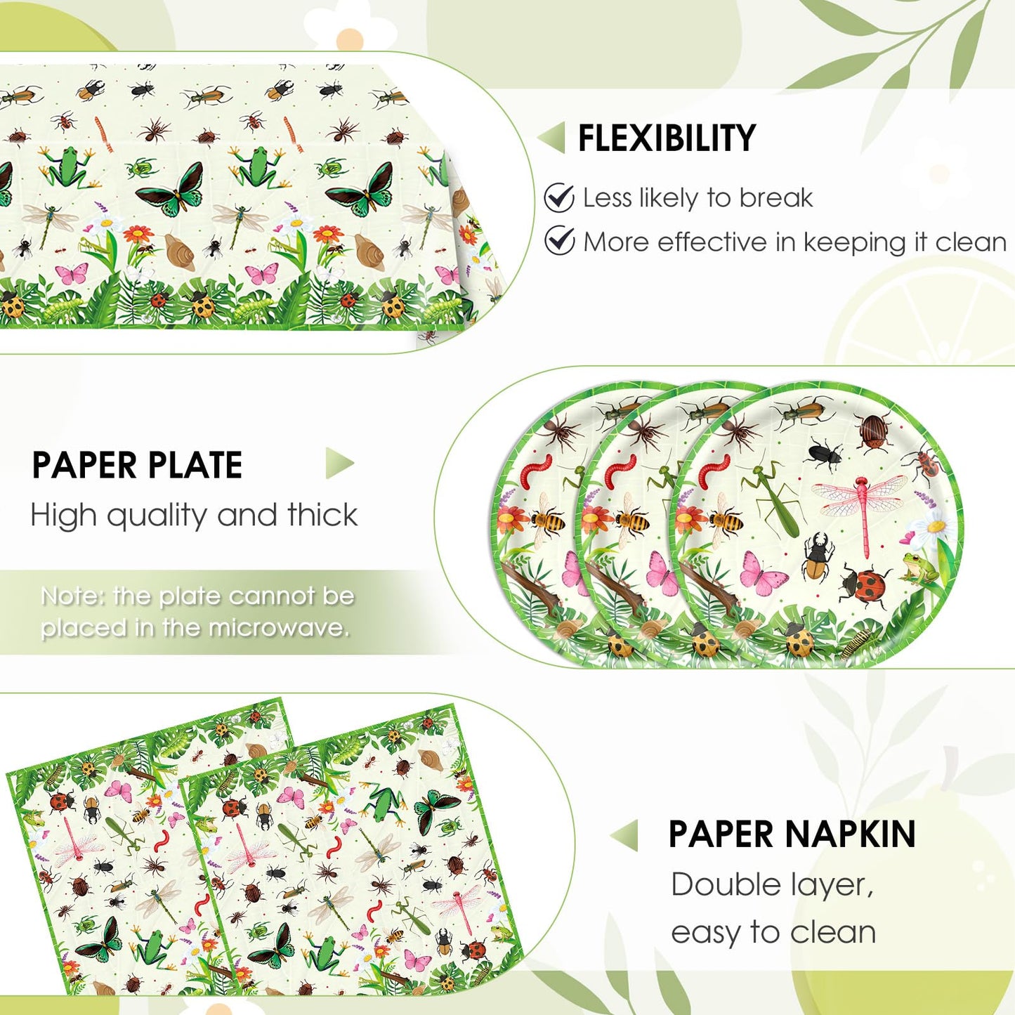 41Pcs Bug Birthday Party Decorations, Kids Garden Insect Explorer Adventure Themed Tableware Set Bug Paper Plates Napkins Tablecloth,for Garden Nature