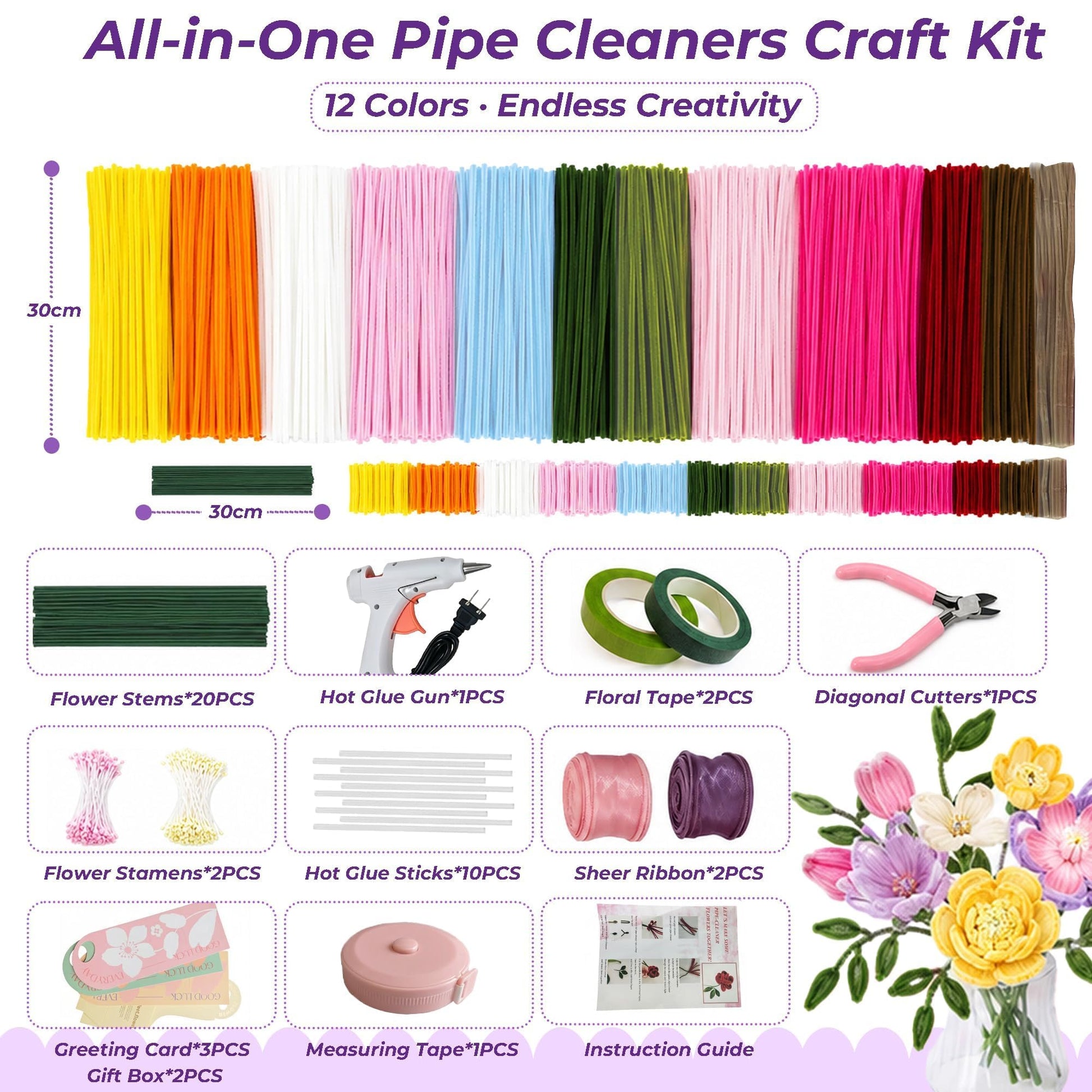 Complete Pipe Cleaner Flower Kit: 1000 Pcs Thick Pipe Cleaners Bulk - 12 Vibrant Colors Pipe Cleaner Craft Set with DIY Tools & 5 Flower Gift Boxes
