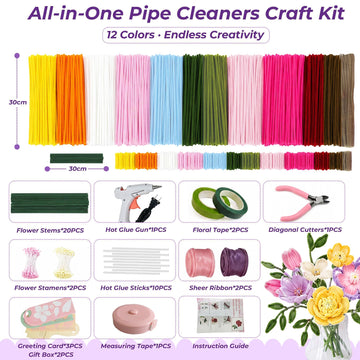 Complete Pipe Cleaner Flower Kit: 1000 Pcs Thick Pipe Cleaners Bulk - 12 Vibrant Colors Pipe Cleaner Craft Set with DIY Tools & 5 Flower Gift Boxes