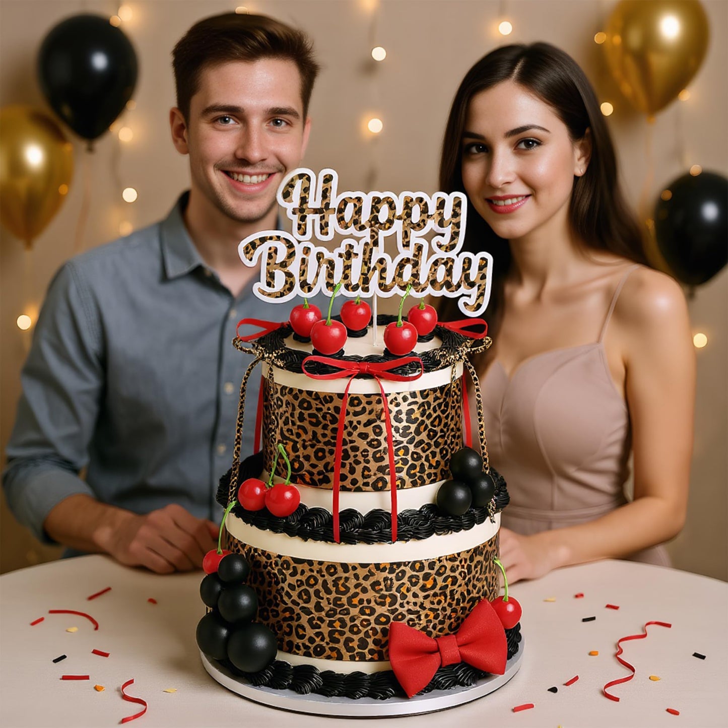 41PCS Leopard Cherry Cake Decorations Bow Toppers for Birthday Wedding and Baby Shower Cherries Fruit Decor for Birthday Party Decorations