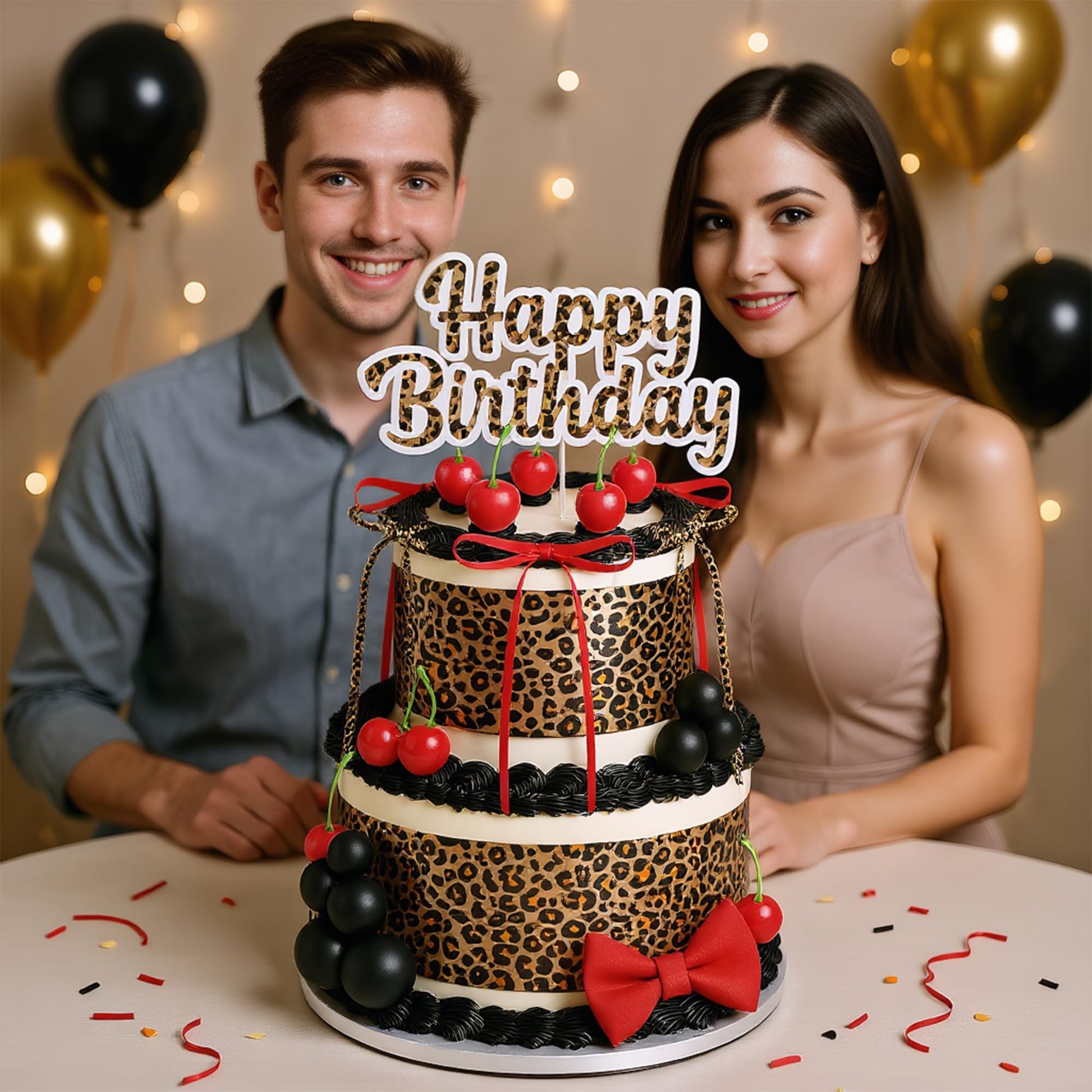 41PCS Leopard Cherry Cake Decorations Bow Toppers for Birthday Wedding and Baby Shower Cherries Fruit Decor for Birthday Party Decorations