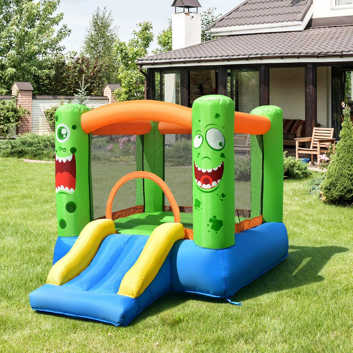 HONEY JOY Inflatable Bounce House, Blow up Moon Bounce for Kids w/Slide, Giant Jumpy Area, Ocean Ball Pit, Basketball Rim, Stakes, Jumping Bouncy